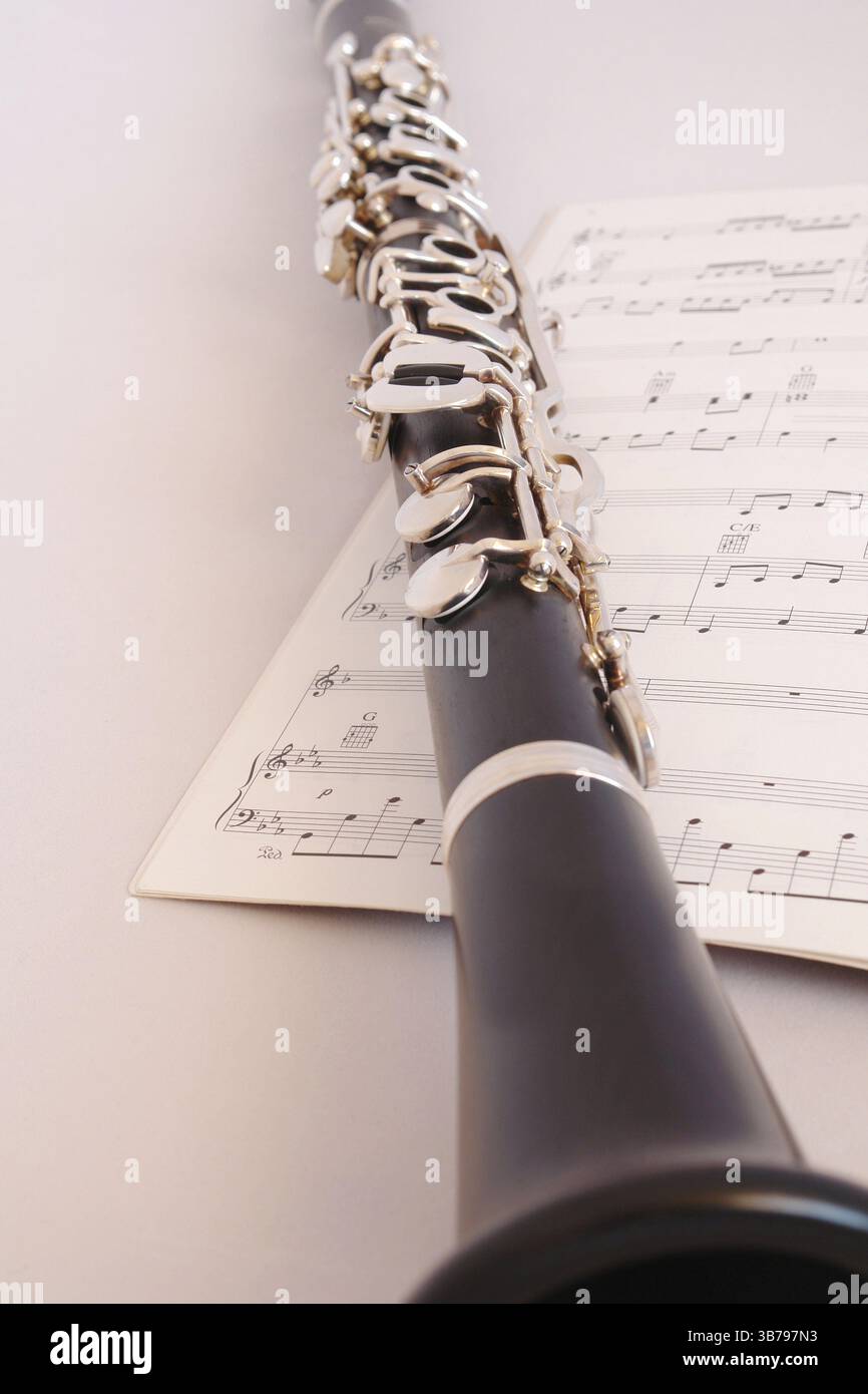 Clarinetto strumento a fiato strumento in legno tono strumento Note lembi metallo Argento musica tempo libero Hobby Arte Cultura Foto Stock