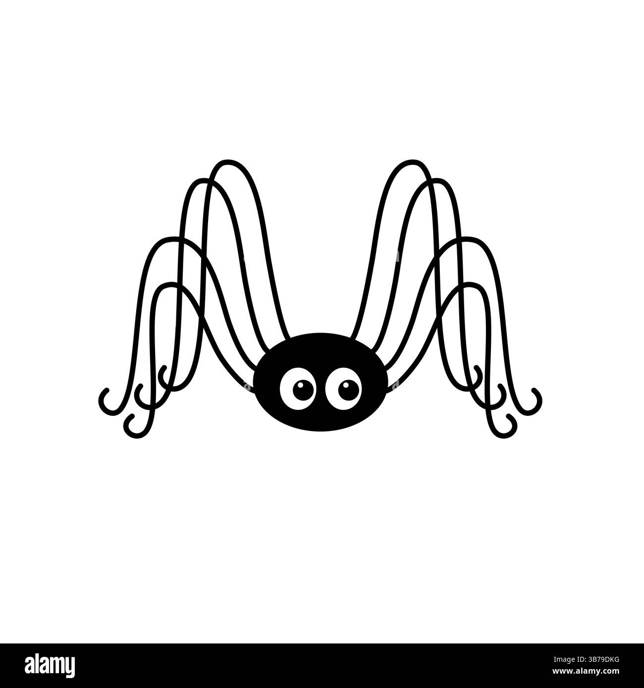 Spider divertente creatura di cartoni animati con grandi occhi, otto gambe disegnate a mano, grafica vettoriale. Elemento di design simpatico e spettrale, per le feste di Halloween, progetti, adesivi e decorazioni a tema insetti Illustrazione Vettoriale