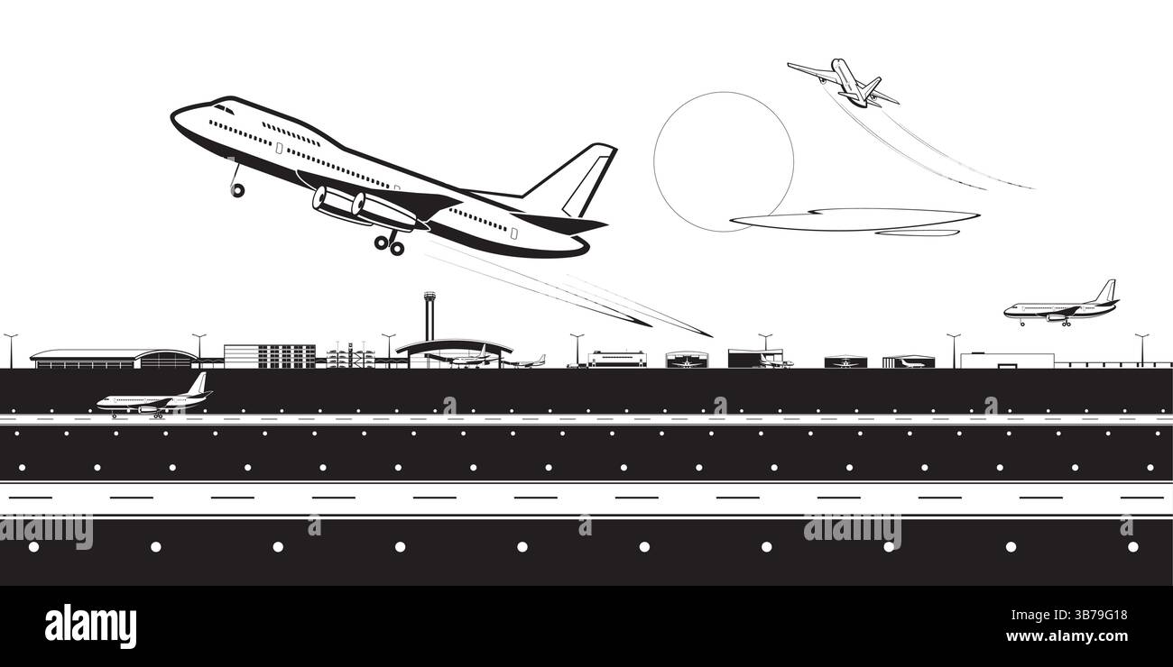 Aeroporto con aerei che atterrano e decollano – illustrazione vettoriale Illustrazione Vettoriale