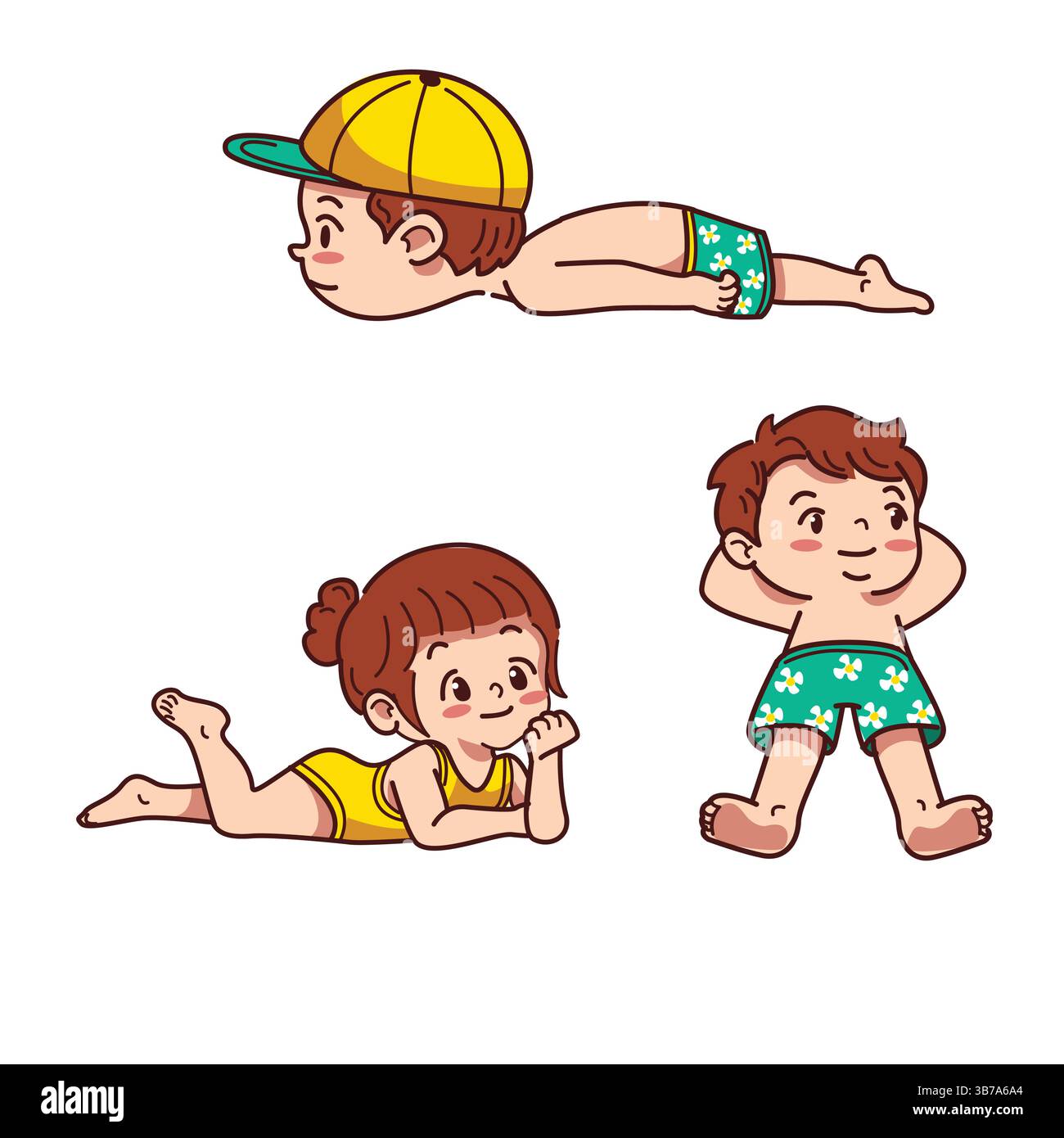 Bambini felici che si godono le vacanze estive con varie pose che offrono divertimento e attività all'aperto Illustrazione Vettoriale