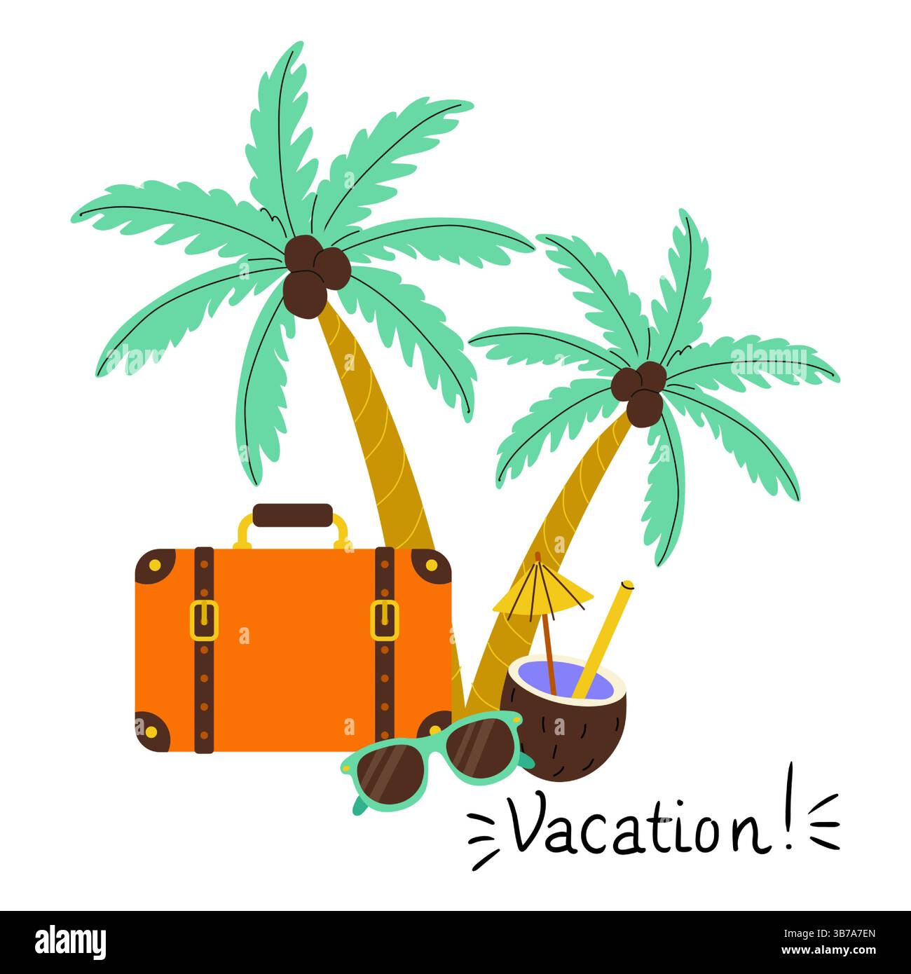 Godetevi una vacanza vibrante con elementi tropicali e una valigia accanto alle palme Illustrazione Vettoriale