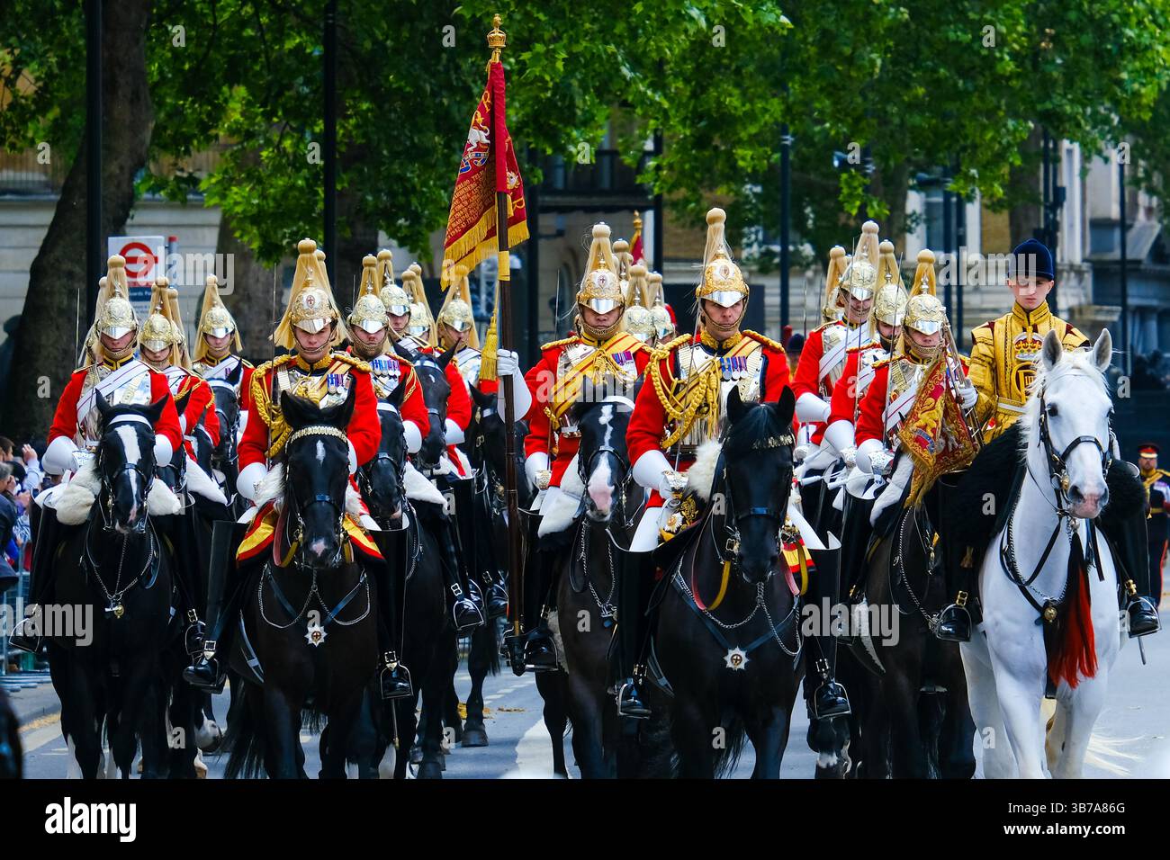 Le commemorazioni ufficiali del VE Day iniziarono con una processione militare che coinvolse 1.300 militari e cadetti da Whitehall al Mall, dove si concluse con un flypast. Foto Stock