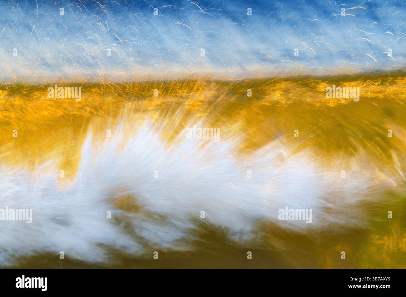Un'onda oceanica dinamica, che si illumina con luci dorate sullo sfondo blu intenso dell'oceano, catturata con sfocatura in movimento Foto Stock