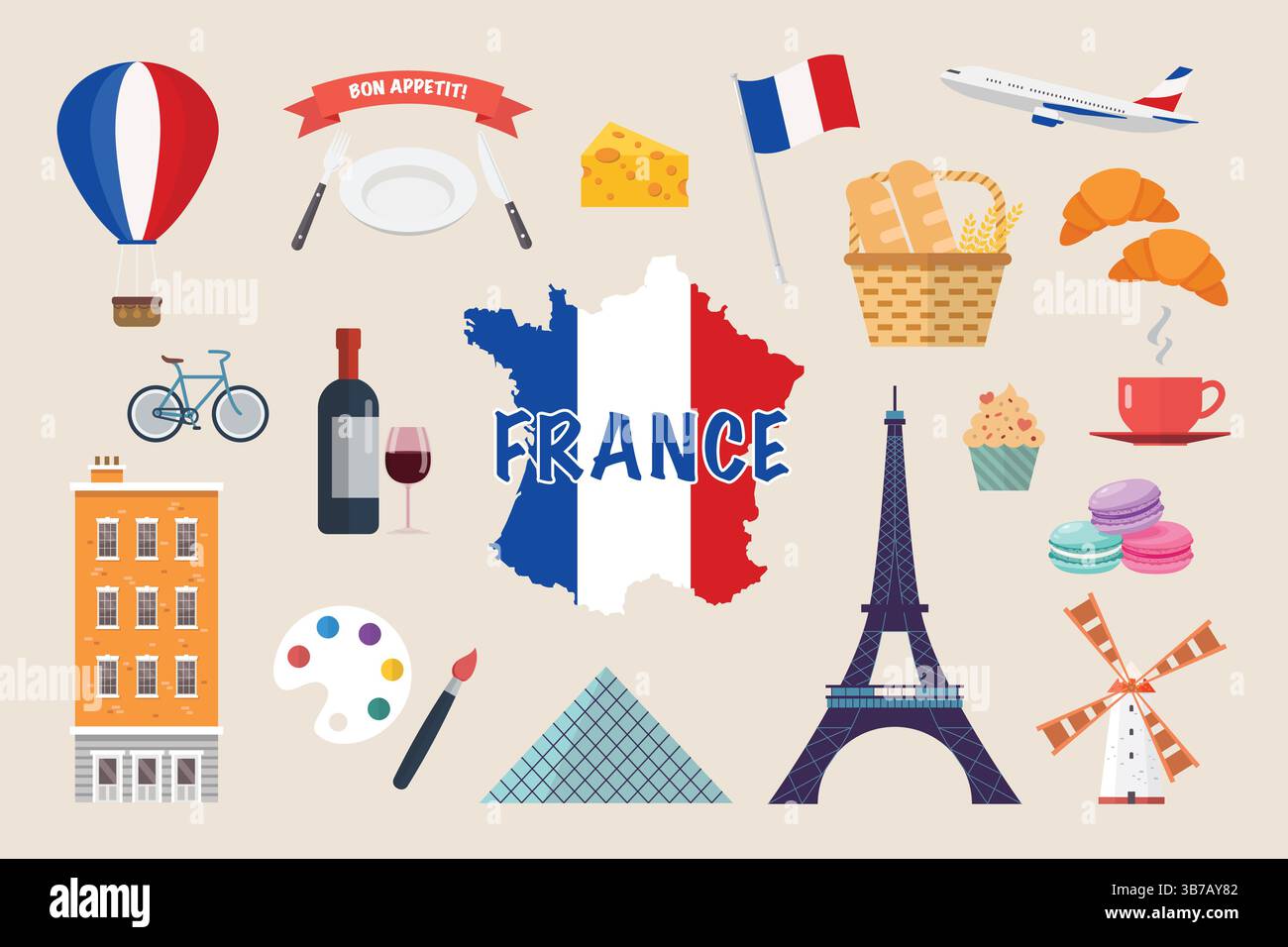 Set illustrativo semplice e carino relativo alla francia. illustrazione vettoriale. Illustrazione Vettoriale