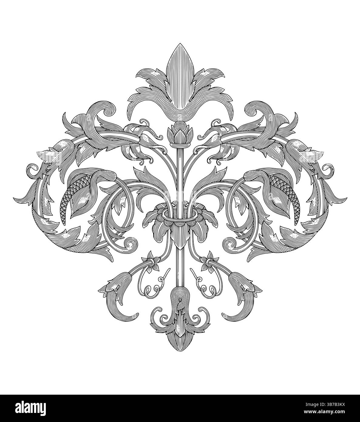 fleur de lis con fiore di giglio calla e ornamento, illustrazione in stile disegno con incisione Vintage Illustrazione Vettoriale