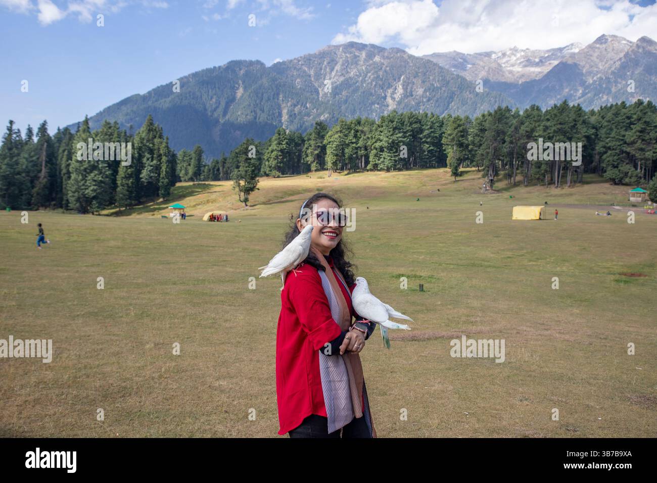La Valle di Baisaran nel Kashmir offre ai turisti l'opportunità di scattare foto con piccioni, pecore, conigli e cavalli. Foto Stock