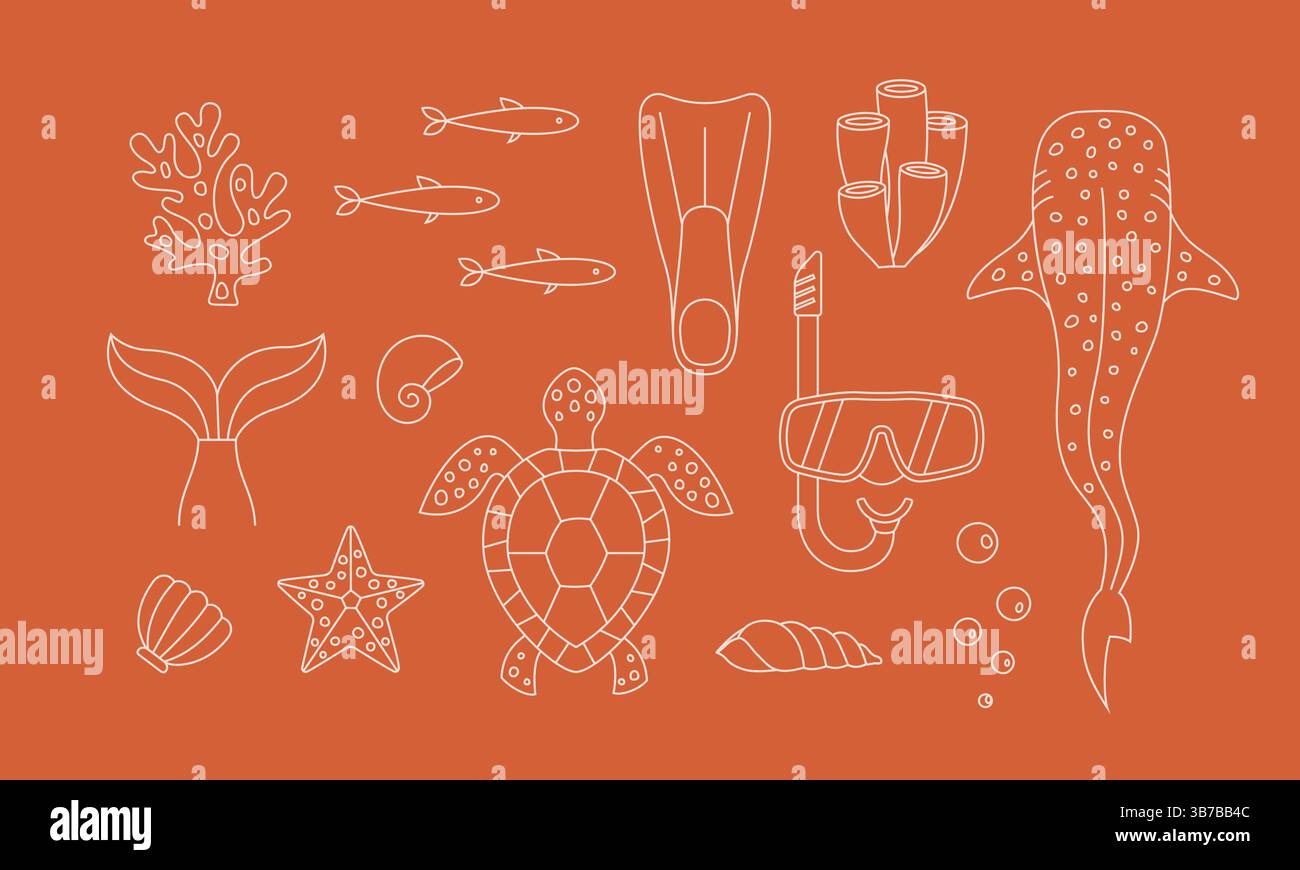 Immersioni subacquee con squali balena, tartarughe, pesci. Linea vettoriale vita subacquea, graziose illustrazioni per logo, merchandising, adesivo da viaggio. Illustrazione Vettoriale