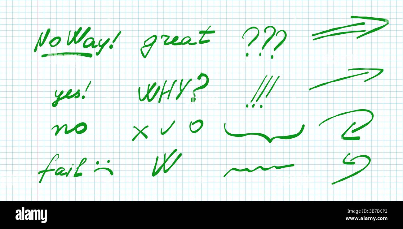 Eccellente ottimo. OK No Text Doodle Pack. Un divertente set di parole di feedback e frasi brevi in stile doodle, perfetto per adesivi digitali e per la scuola Illustrazione Vettoriale
