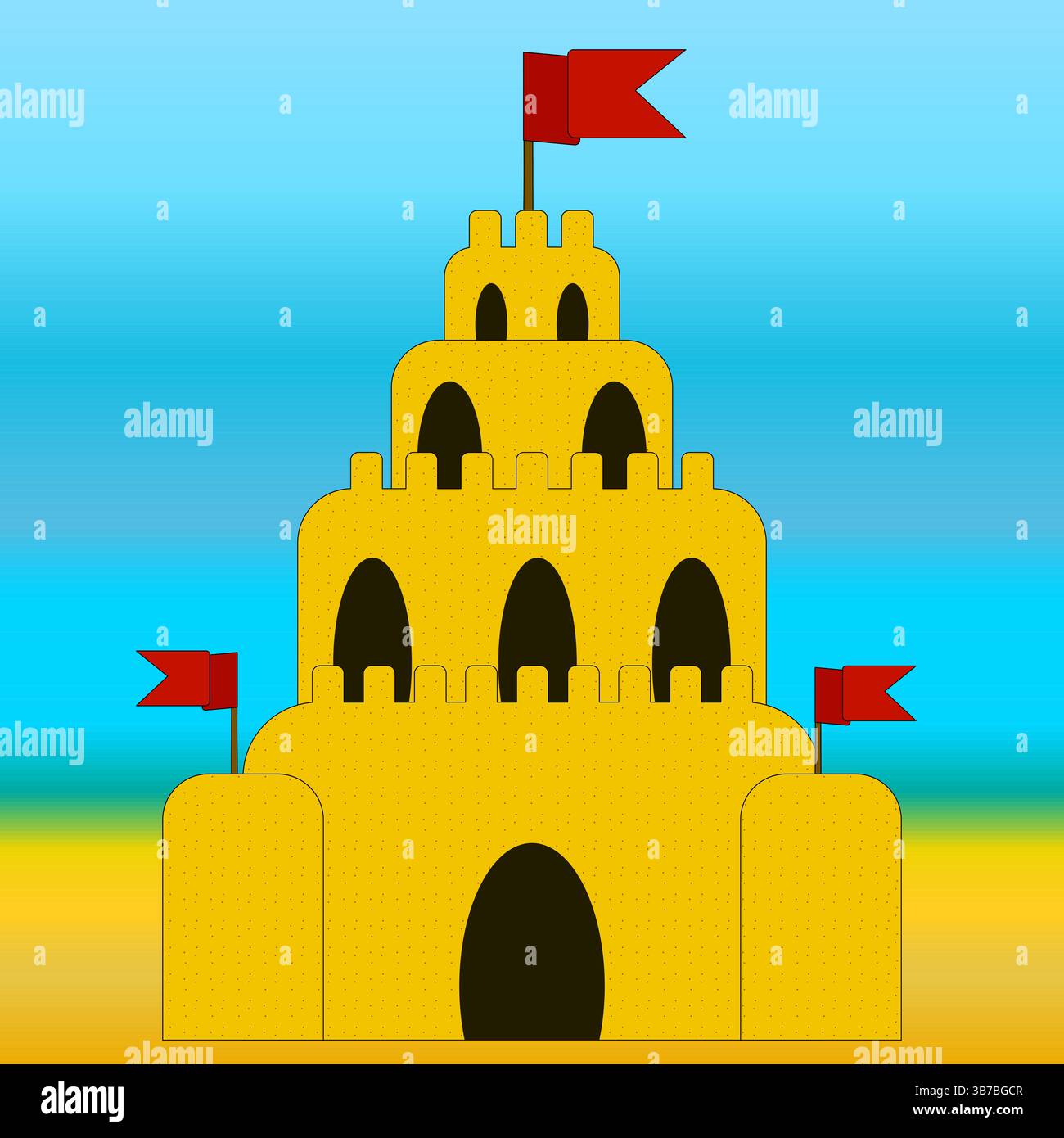Illustrazione vettoriale estiva di un castello di sabbia per bambini con bandiere rosse sullo sfondo della spiaggia soleggiata come sabbia, mare e cielo. Gioco per bambini. Perfetto per l'estate Illustrazione Vettoriale
