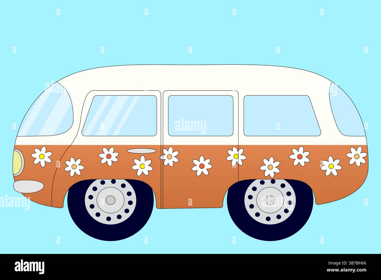 Camper hippie retrò per escursioni estive con campeggio, decorato con fiori. Autobus d'epoca per viaggi in famiglia ai tropici su sfondo blu. Ideale Illustrazione Vettoriale