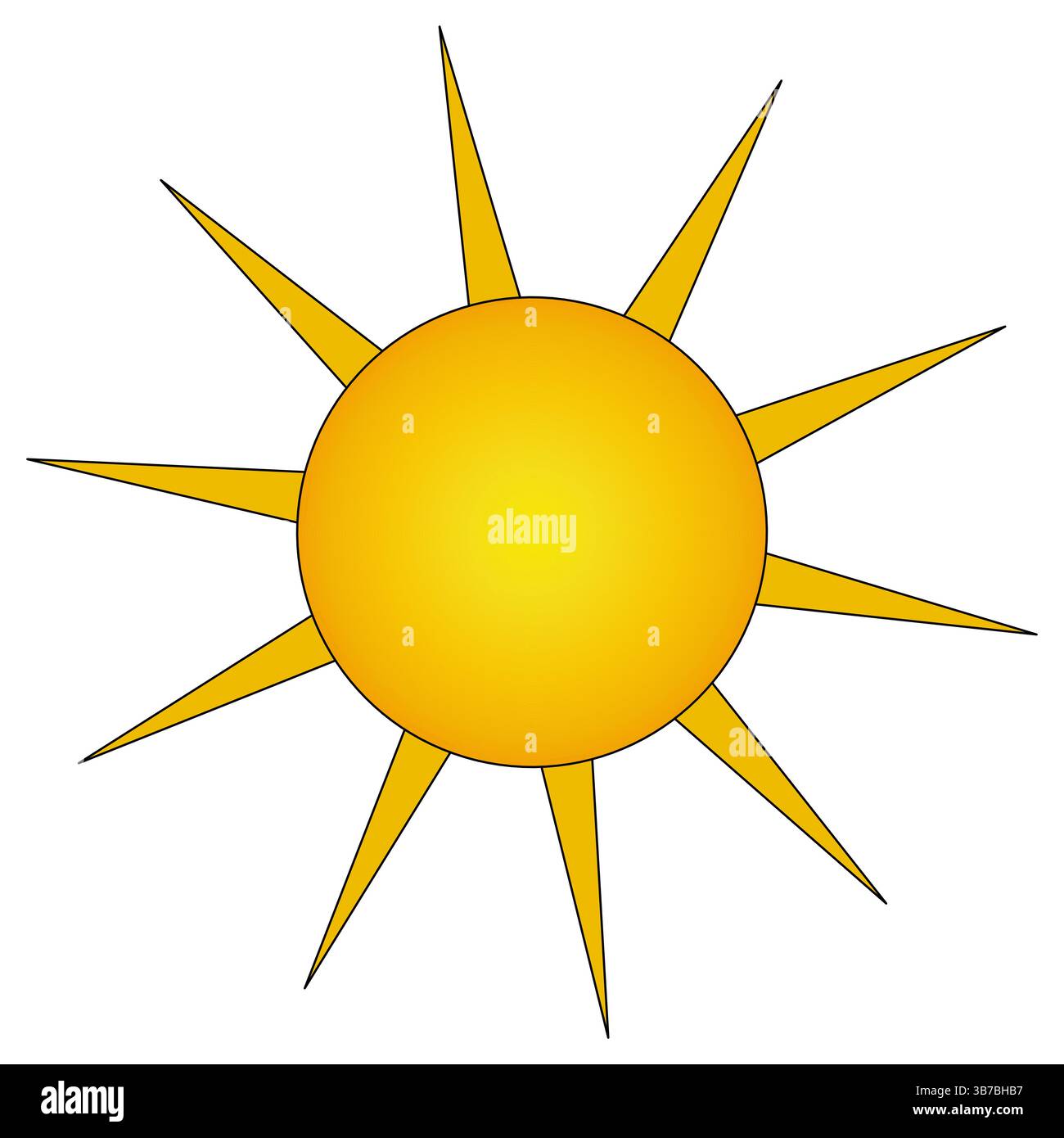Illustrazione del caldo sole estivo con raggi dorati a forma di triangoli allungati su sfondo bianco isolato. Raggio arancione. Ideale per la somma Illustrazione Vettoriale