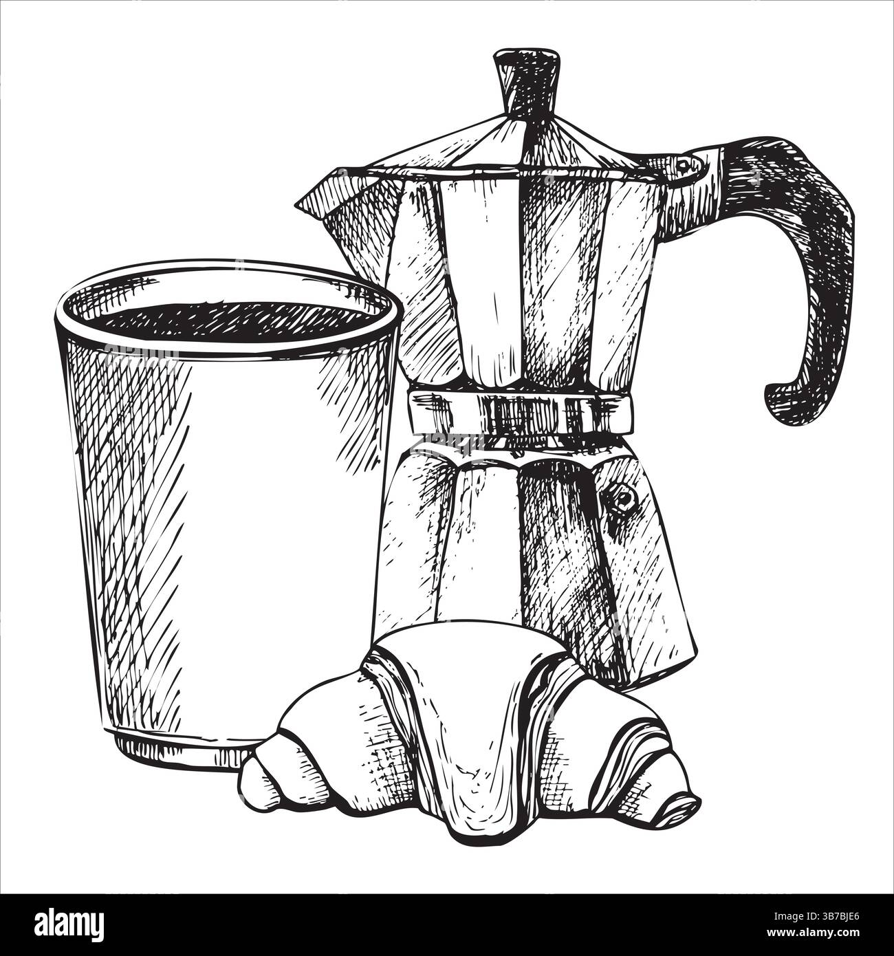 macchina per il caffè geyser, croissant, tazza di caffè Illustrazione Vettoriale