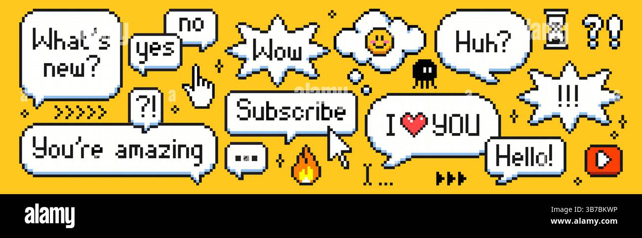 Set di bolle vocali pixel con frasi retrò - chattine a 8 bit con gergo Internet della vecchia scuola. Bizzarre nuvole di messaggi ed emoticon su sfondo giallo brillante. Elementi grafici nostalgici degli anni '90. Illustrazione Vettoriale