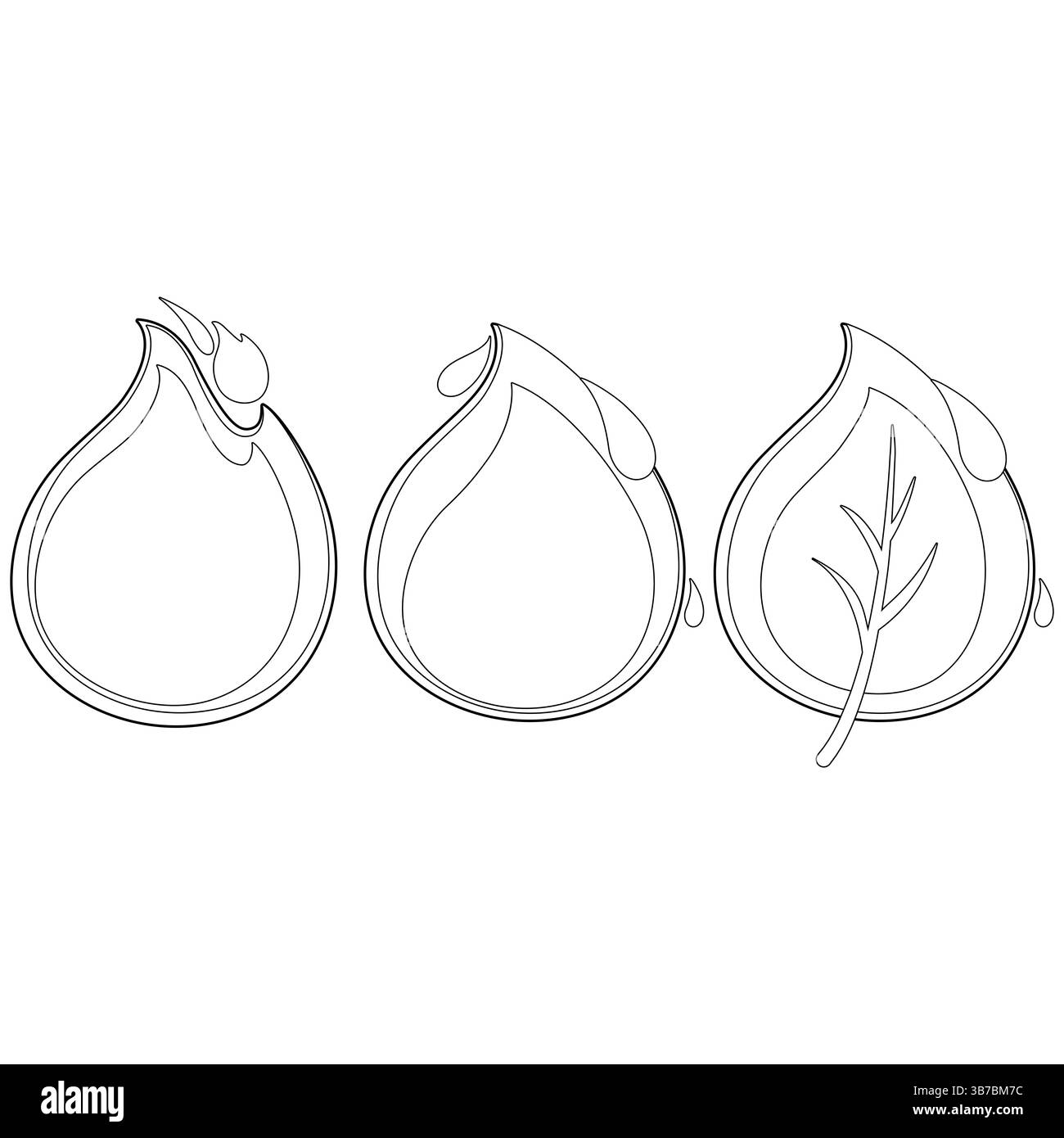 Icone di fuoco, gocce d'acqua e foglie di piante. Simboli di elementi ecologici e naturali. Pagina da colorare in bianco e nero. Foto Stock