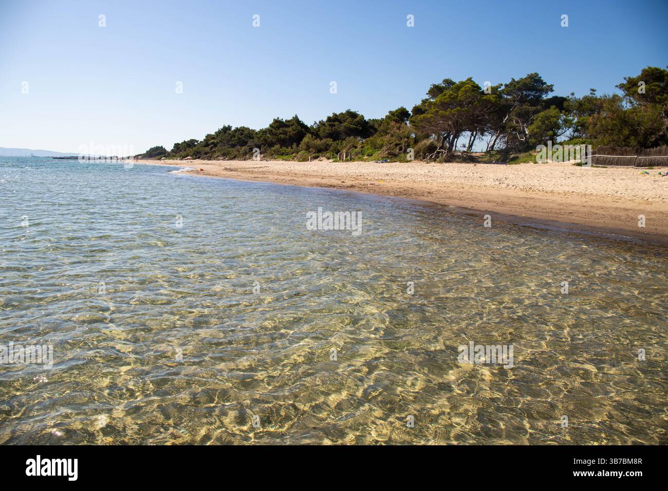 Vista panoramica della bellissima spiaggia di Torre Mozza a Piombino, in Toscana, con acque cristalline. Foto Stock