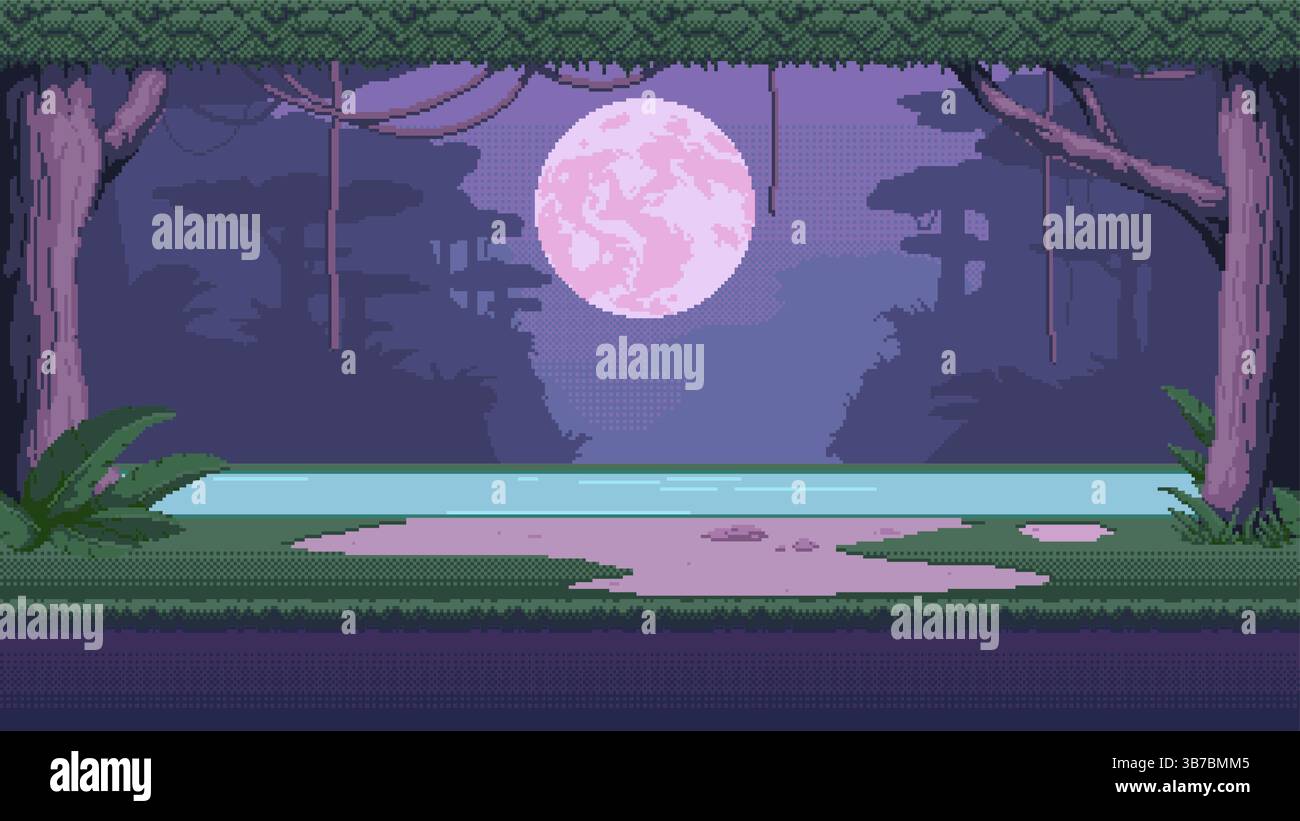 paesaggio notturno della foresta nella giungla 2d pixel. Sfondo della foresta pluviale notturna colorato al neon per il livello dei videogiochi. Ambiente tranquillo con alberi tropicali Illustrazione Vettoriale paesaggio notturno della foresta nella giungla 2d pixel. Sfondo della foresta pluviale notturna colorato al neon per il livello dei videogiochi. Ambiente tranquillo con alberi tropicali Illustrazione Vettoriale