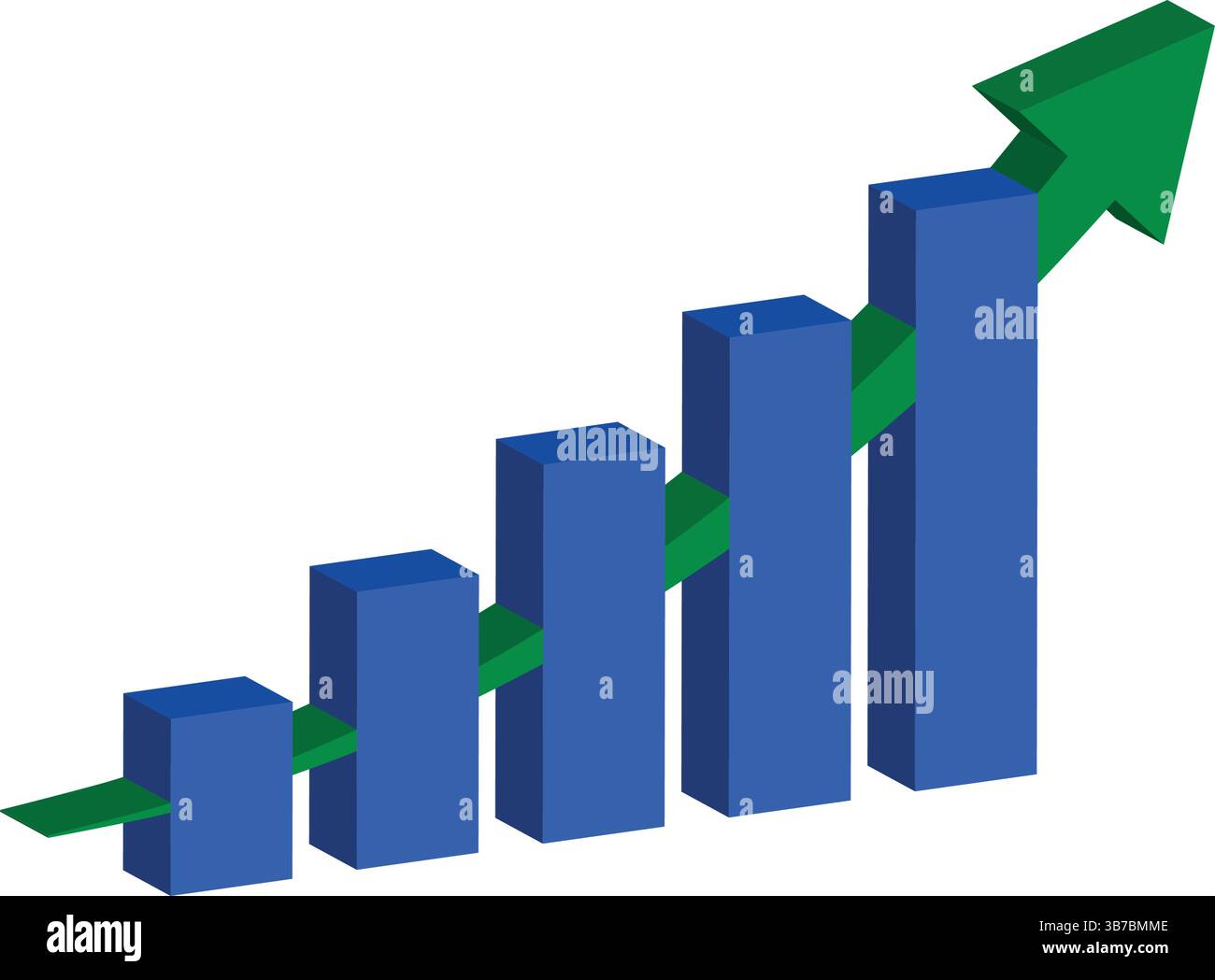 Grafico a barre 3D con freccia verde - concetto di crescita aziendale e successo Illustrazione Vettoriale
