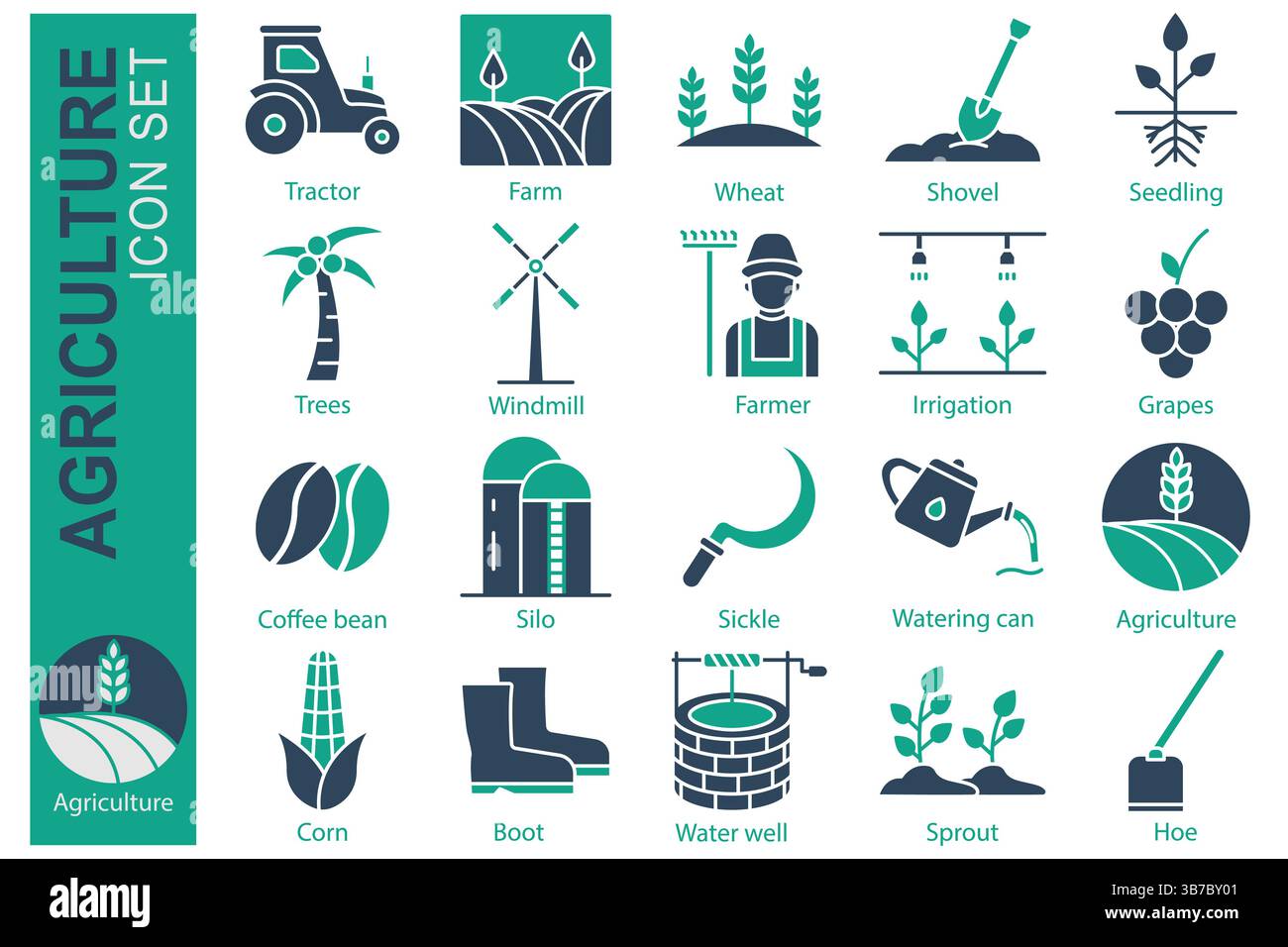 Set di icone dell'azienda agricola. stile icona a tinta unita. contiene icon grano, piantine, coltivatore e molto altro ancora. Illustrazione vettoriale dell'elemento agricolo Illustrazione Vettoriale