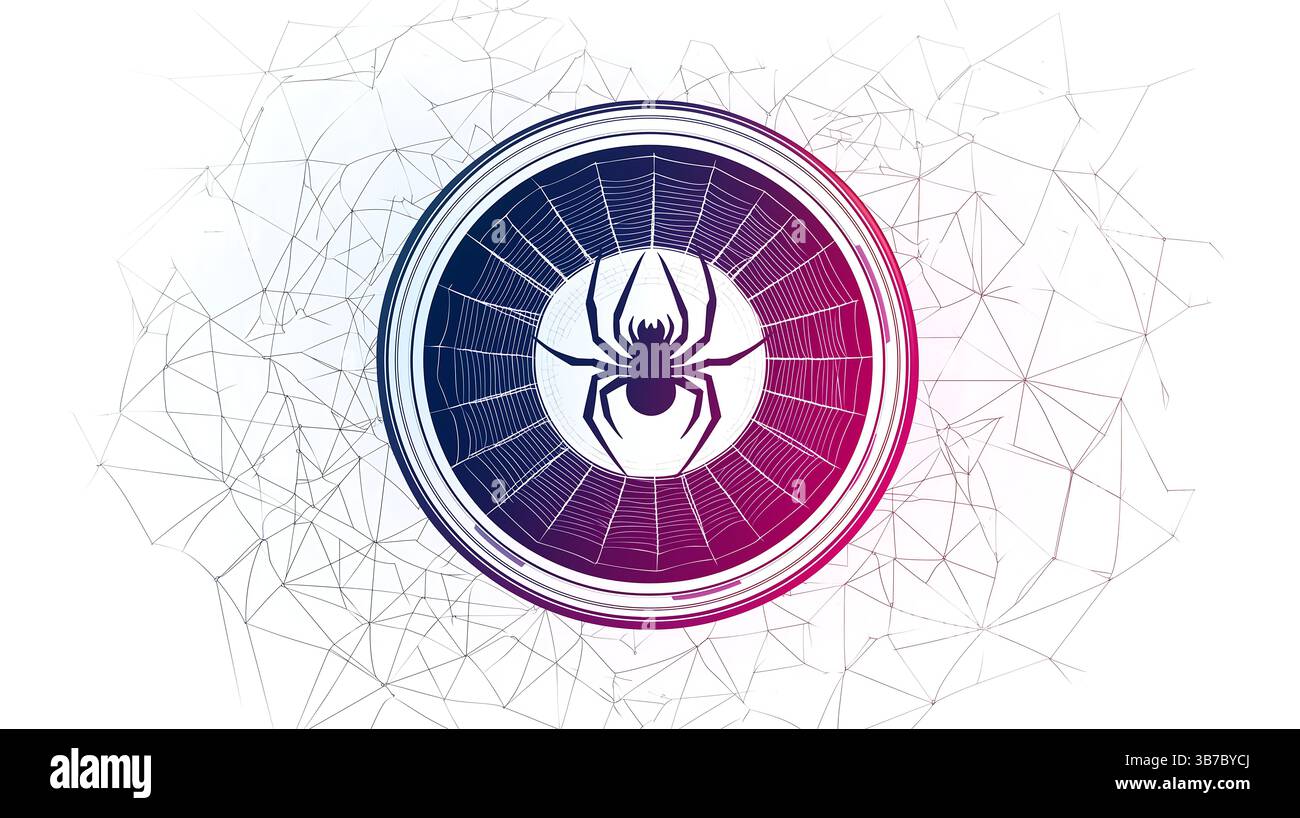 Ragno astratto su Web geometrico con sfumatura blu rosa e design futuristico Foto Stock