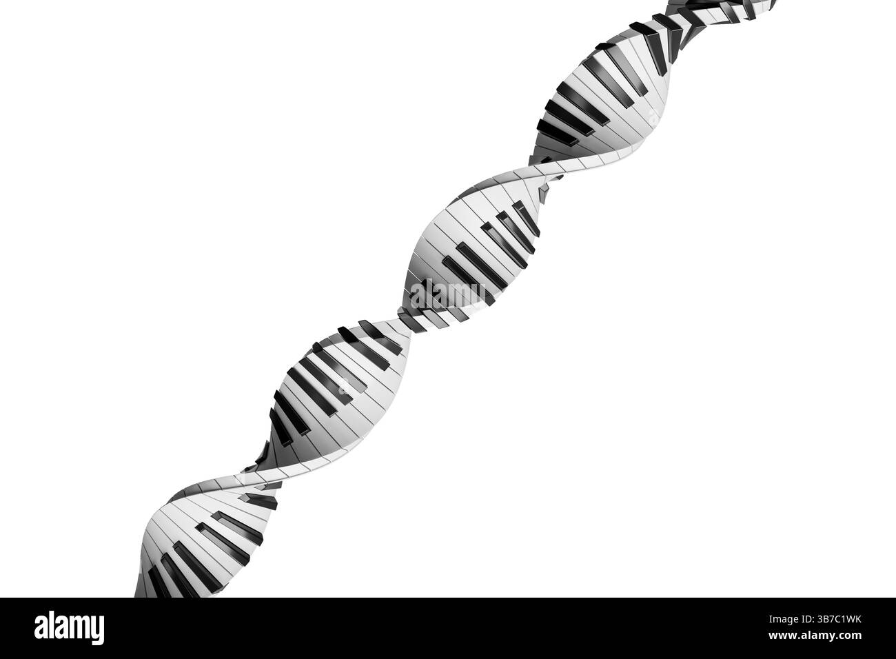 Rendering 3d di tasti per pianoforte ritorti in forma di DNA isolato su bianco. Tastiera con piano ritorto come un'immagine 3d a spirale Foto Stock