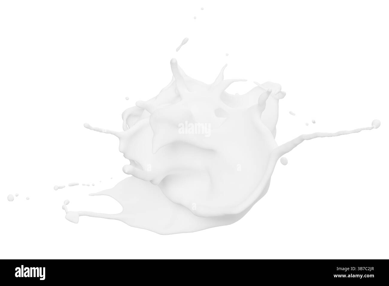 Il latte liquido bianco spruzza in varie forme, congelato in movimento mentre interagisce con la superficie bianca. Questo momento mette in mostra la creatività Foto Stock