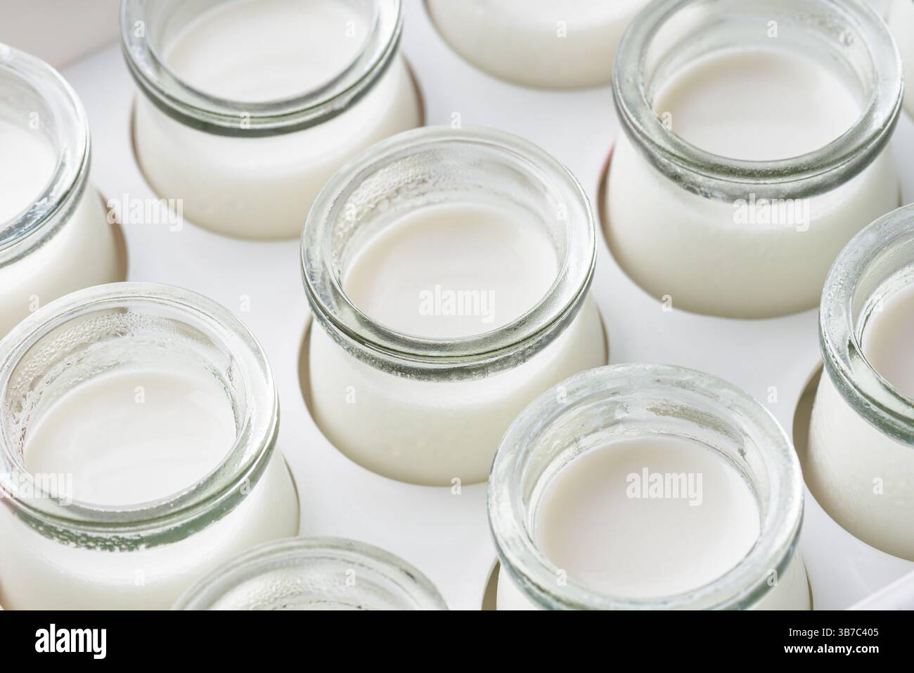 Vista ravvicinata di piccoli vasetti con yogurt fatto in casa appena preparato Foto Stock