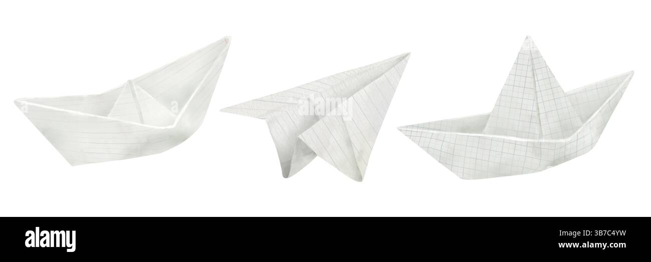 Una barca di carta piegata e un aereo da un taccuino scolastico. Illustrazione acquerello. Giocattoli di carta per bambini, origami, isolati su sfondo bianco. T Foto Stock