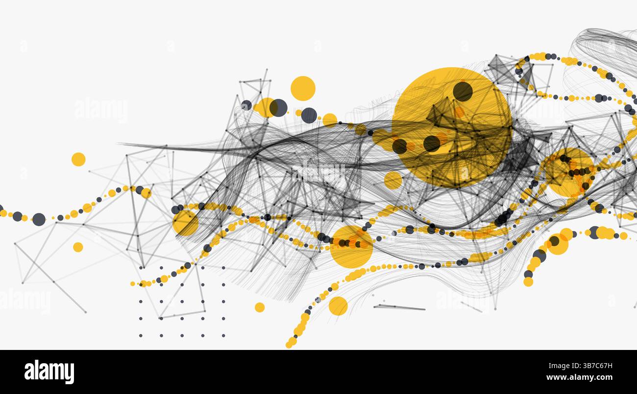Visualizzazione astratta dell'interazione dei dati scientifici attraverso una rete di nodi interconnessi, curve uniformi e caos. Illustrazione Vettoriale