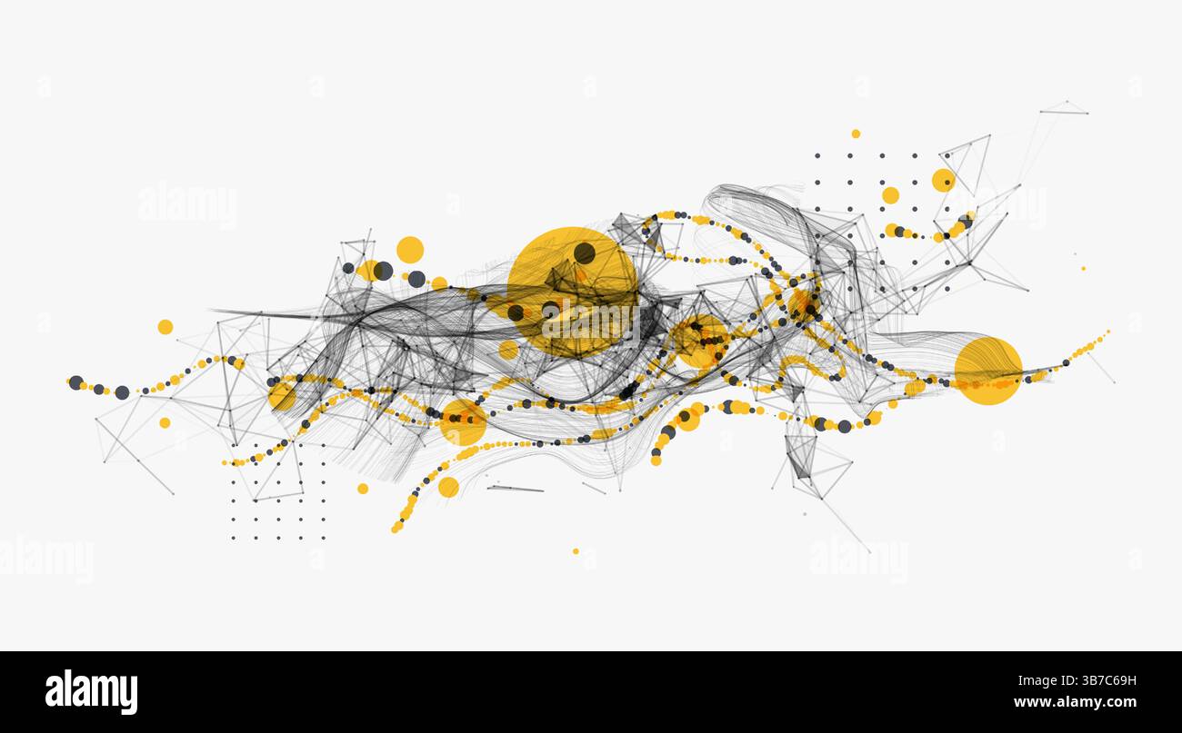 Visualizzazione astratta dell'interazione dei dati scientifici attraverso una rete di nodi interconnessi, curve uniformi e caos. Illustrazione Vettoriale