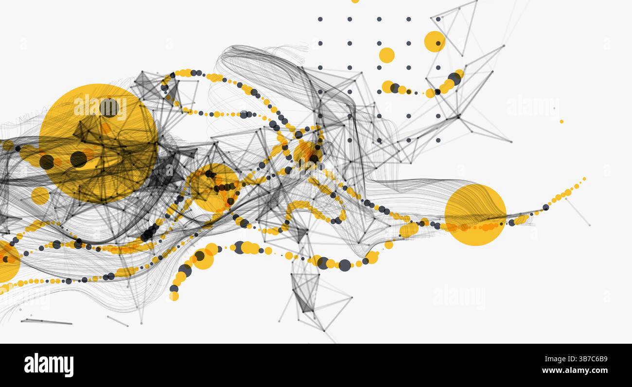 Visualizzazione astratta dell'interazione dei dati scientifici attraverso una rete di nodi interconnessi, curve uniformi e caos. Illustrazione Vettoriale