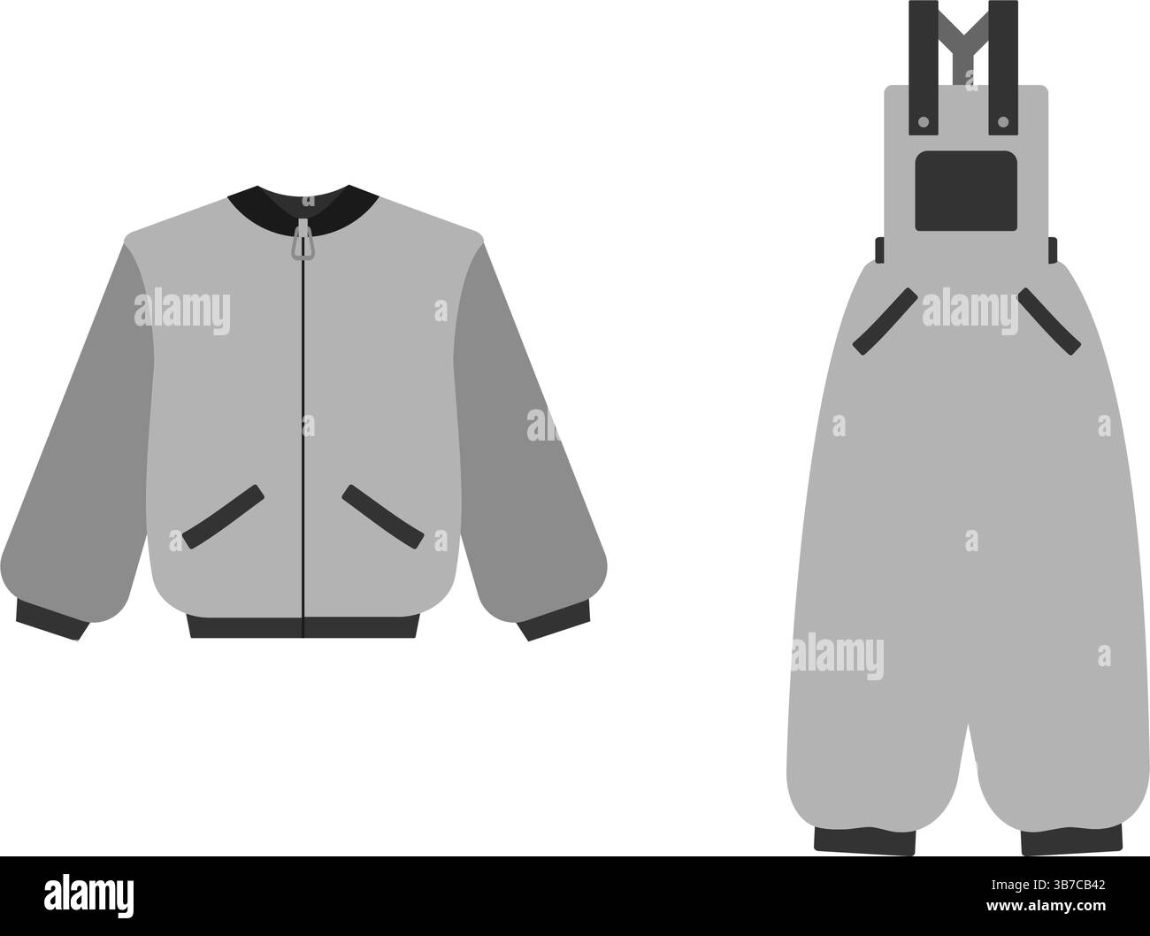 Bomber con chiusura con zip e tuta su polsino con tasche elementi di design in scala di grigi Set di idee. Illustrazione vettoriale isolata schede di branding tematiche o banner promozionale Web, opuscoli, materiale di stampa Illustrazione Vettoriale