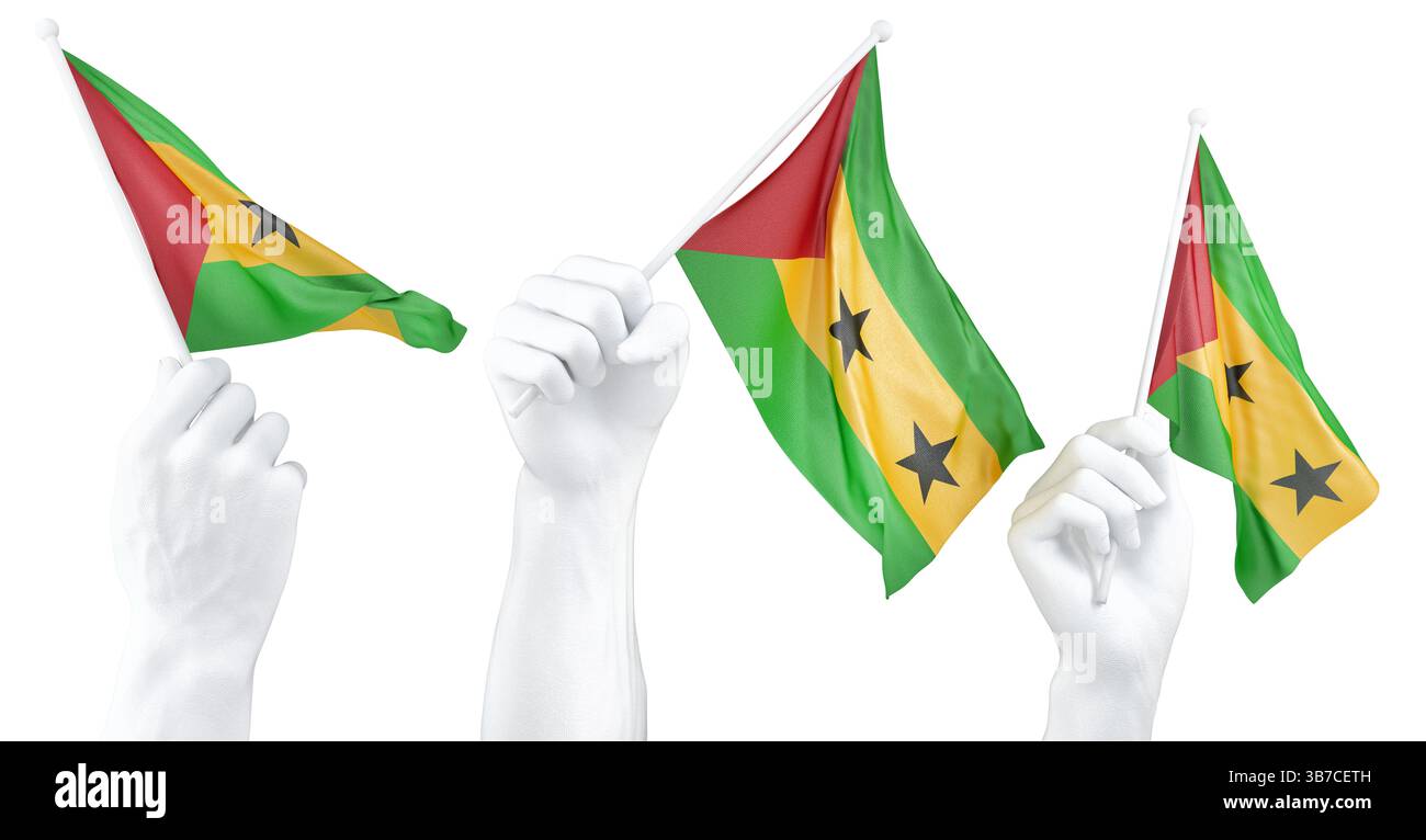 Mano che tiene la bandiera di Sao Tome. Rendering 3d isolato Foto Stock