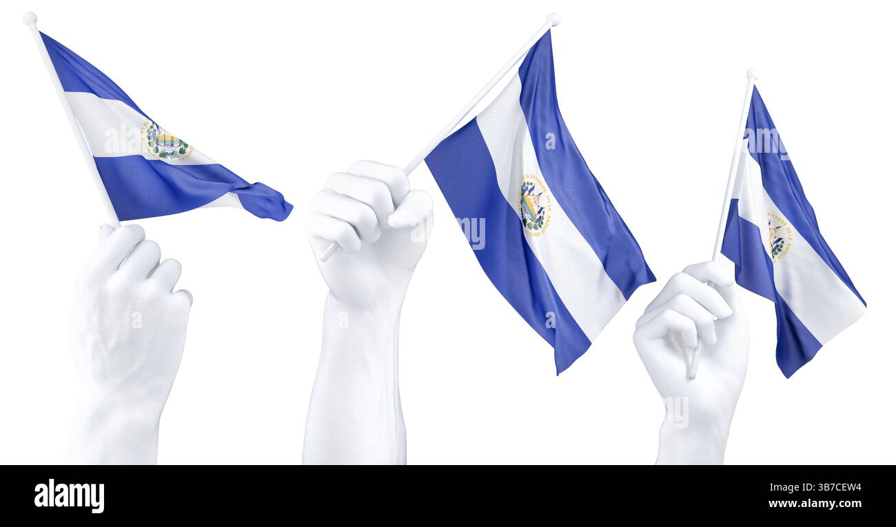 Mano che regge la bandiera di El Salvador. Rendering 3d isolato. Foto Stock