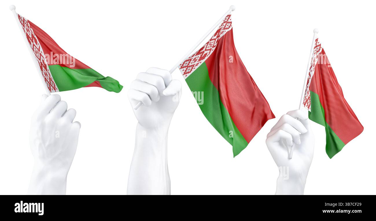 Mano che tiene bandiera della Bielorussia. Rendering 3d isolato. Foto Stock