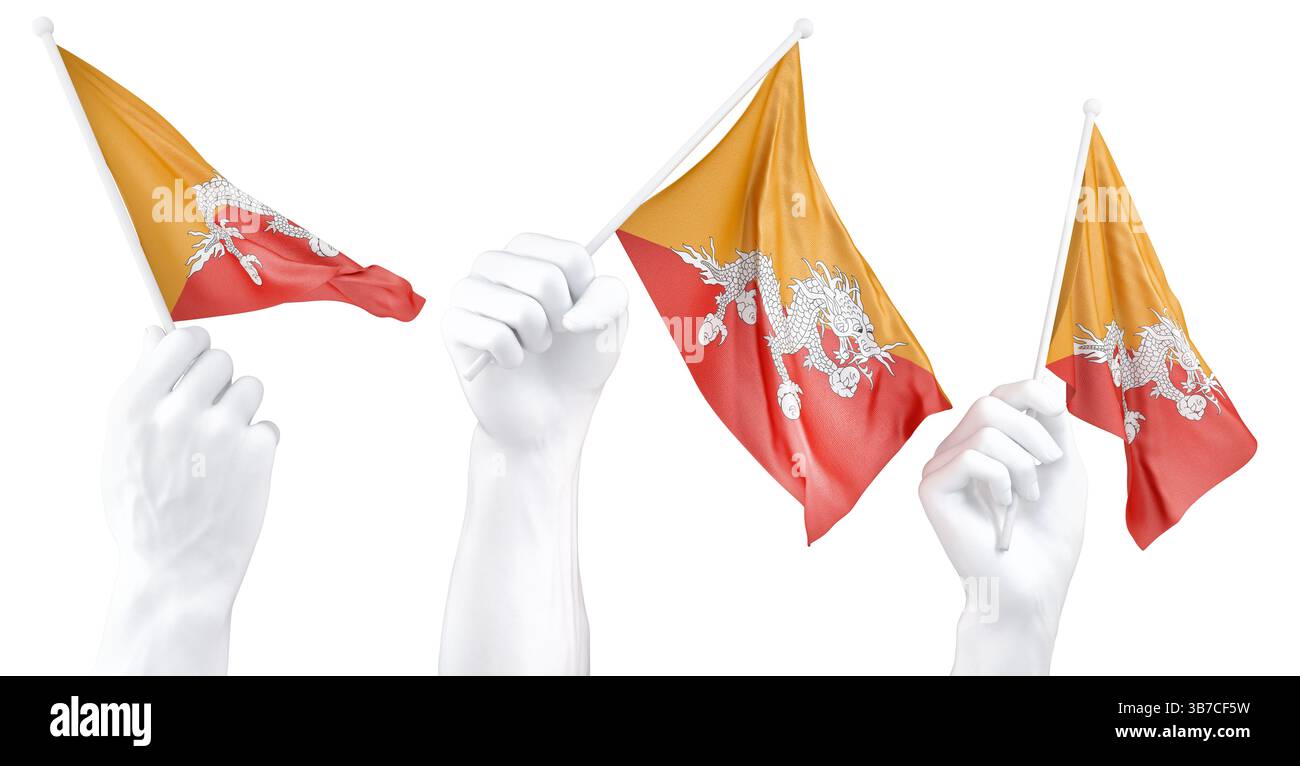 Mano che tiene la bandiera del Bhutan. Rendering 3d isolato, Foto Stock