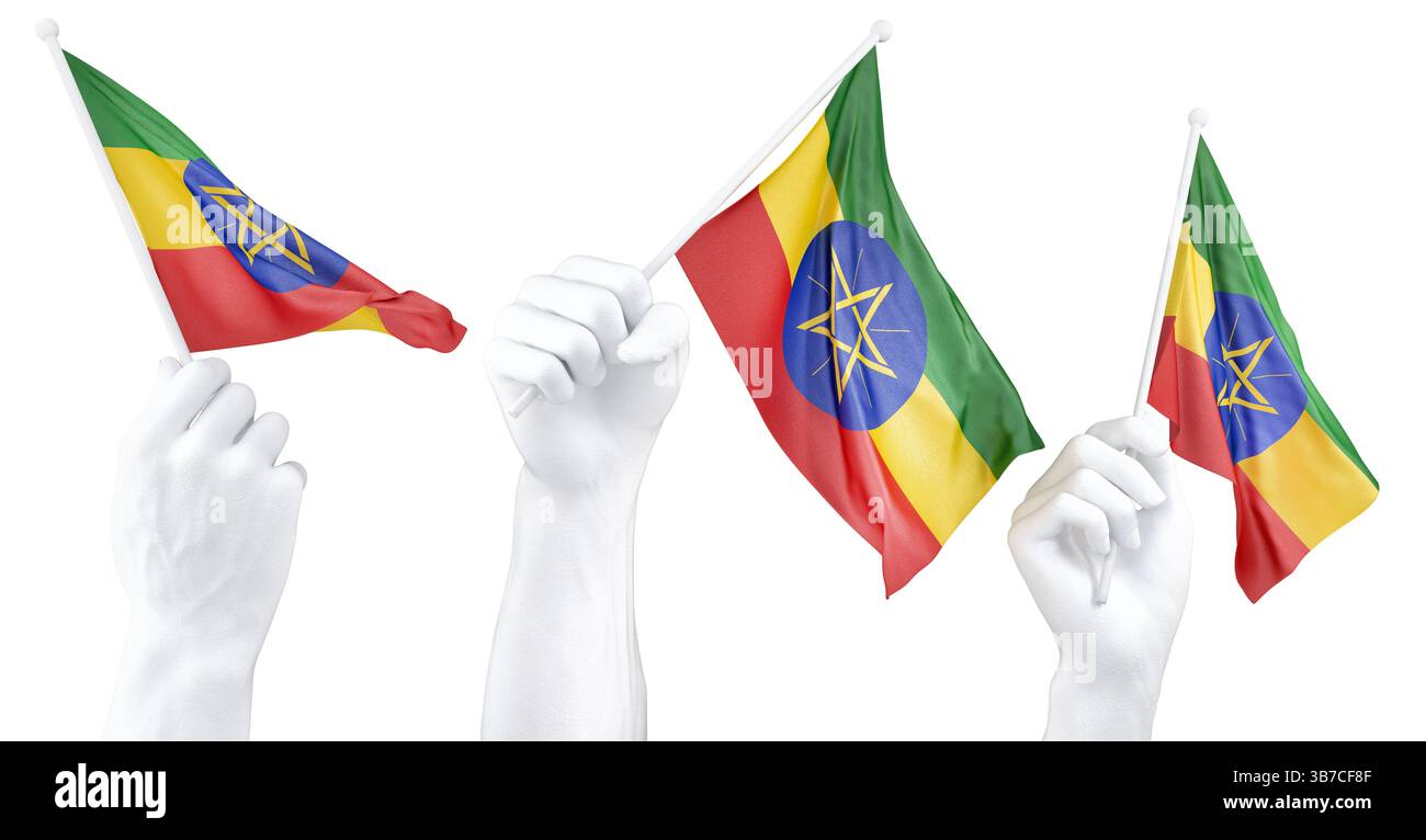 Mano che tiene bandiera dell'Etiopia. Rendering 3d isolato. Foto Stock