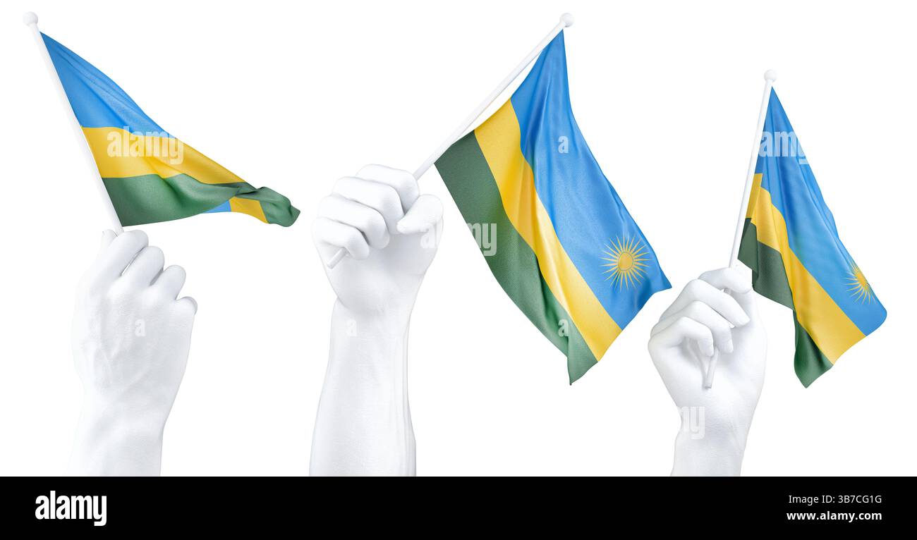 Mano che regge la bandiera del Ruanda. Rendering 3d isolato. Foto Stock
