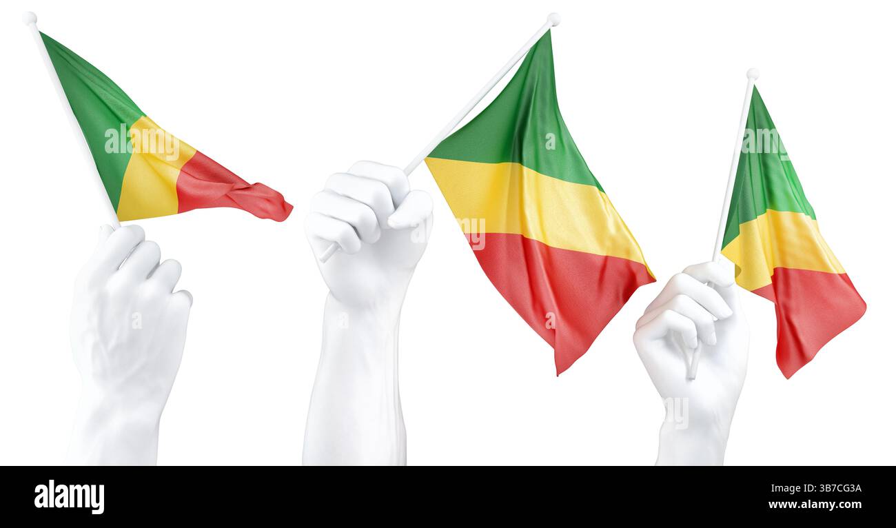 Mano che detiene la bandiera della Repubblica del Congo. Rendering 3d isolato. Foto Stock