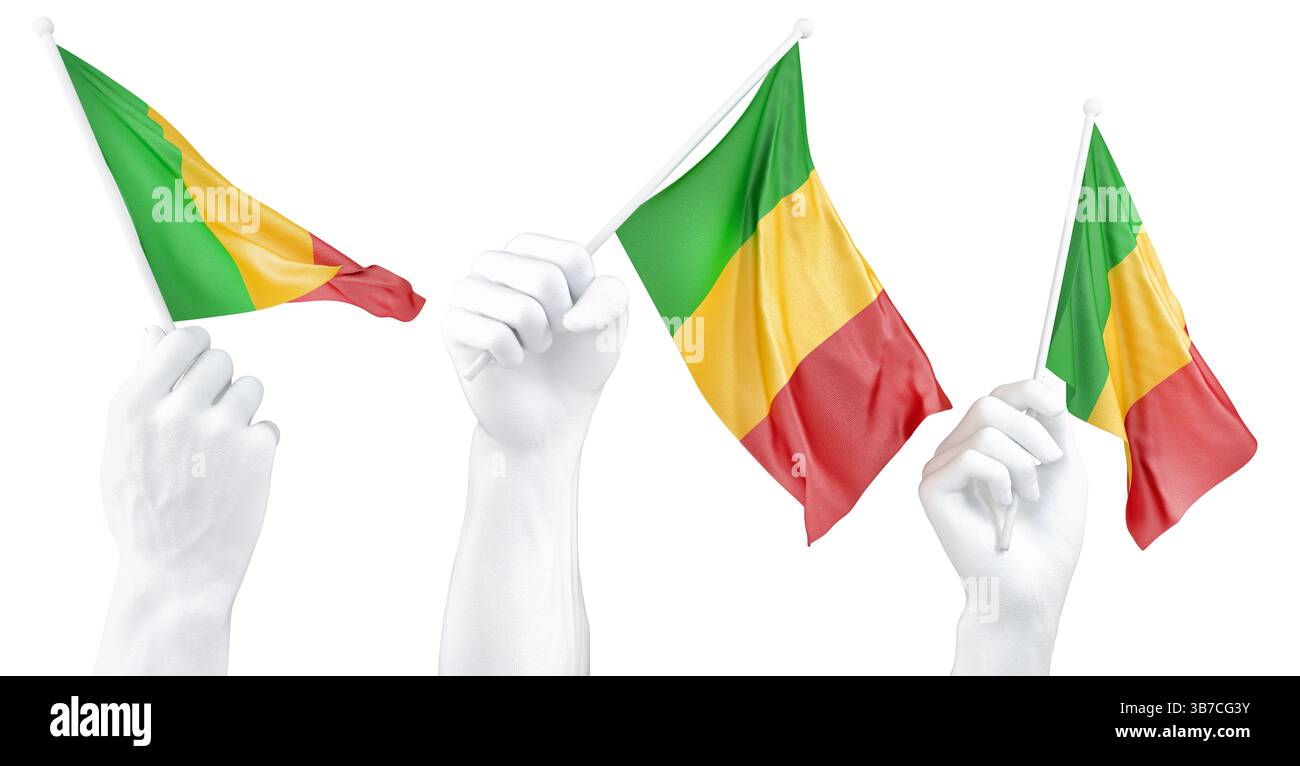 Mano che tiene la bandiera del Mali. Rendering 3d isolato. Foto Stock