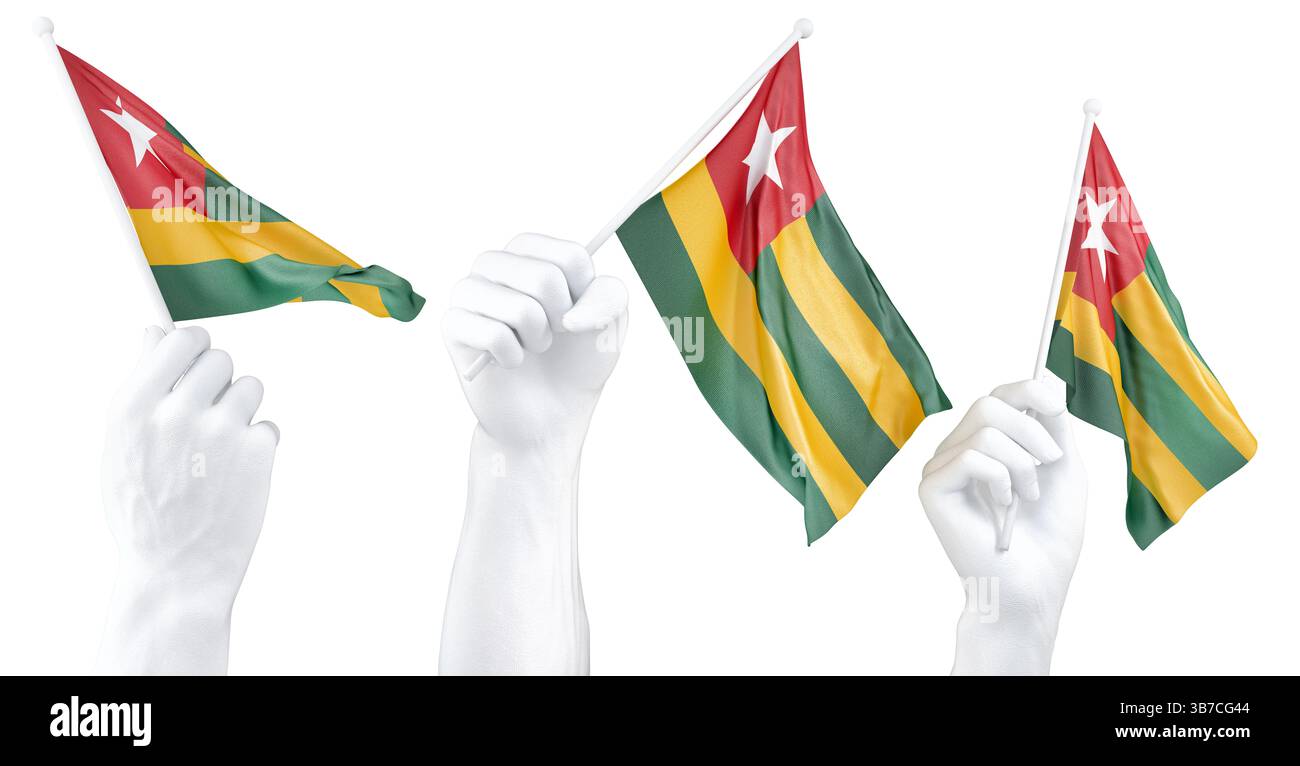 Mano che regge la bandiera del Togo. Rendering 3d isolato. Foto Stock