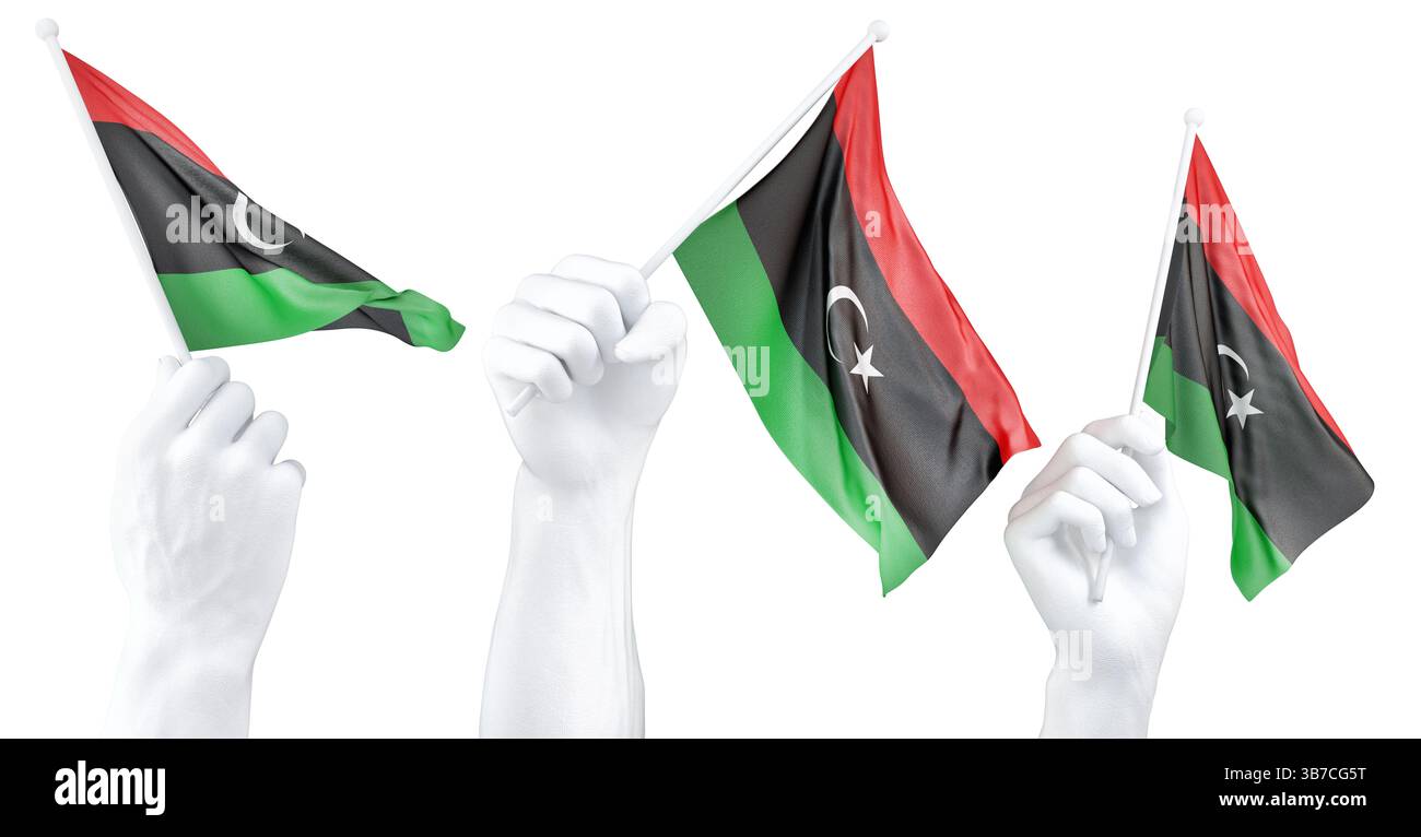 Mano che tiene bandiera della Libia. Rendering 3d isolato. Foto Stock