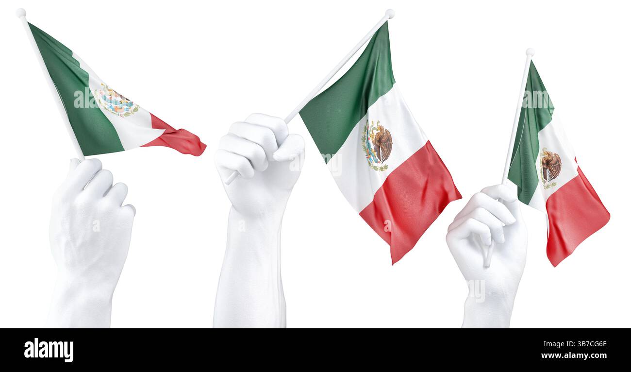 Mano che regge la bandiera del Messico. Rendering 3d isolato. Foto Stock