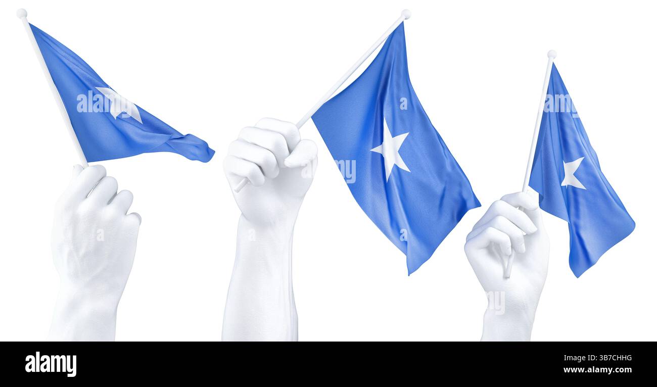 Mano che tiene bandiera della Somalia. Rendering 3d isolato. Foto Stock