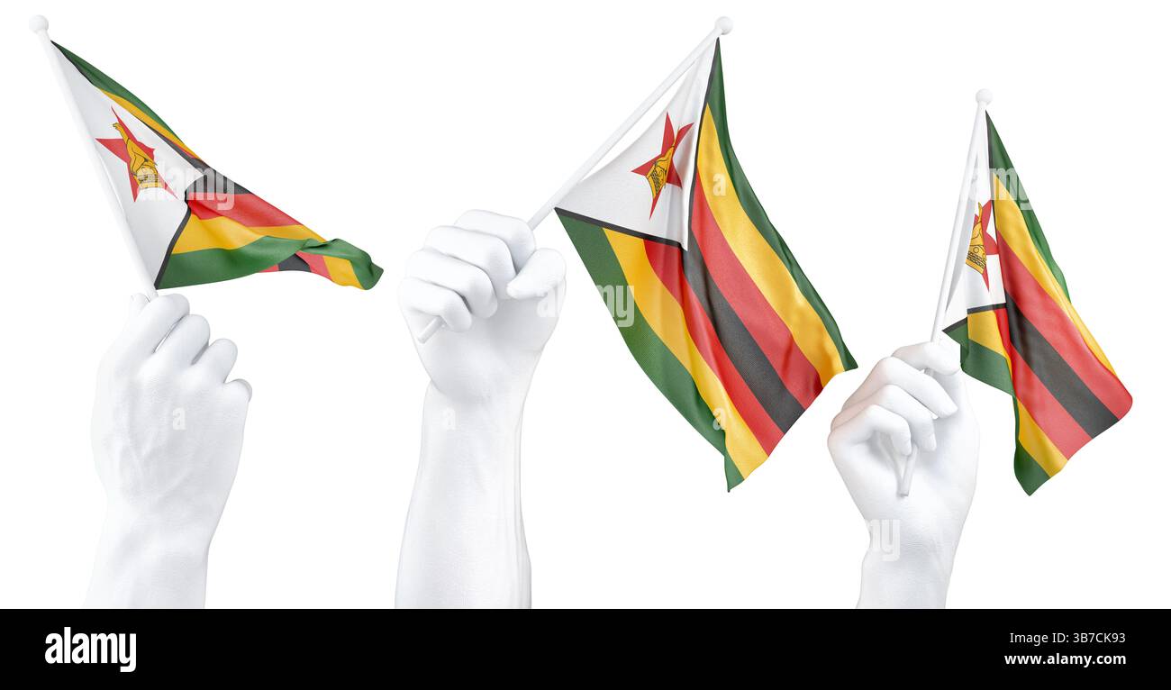 Mano che tiene bandiera dello Zimbabwe. Rendering 3d isolato. Foto Stock