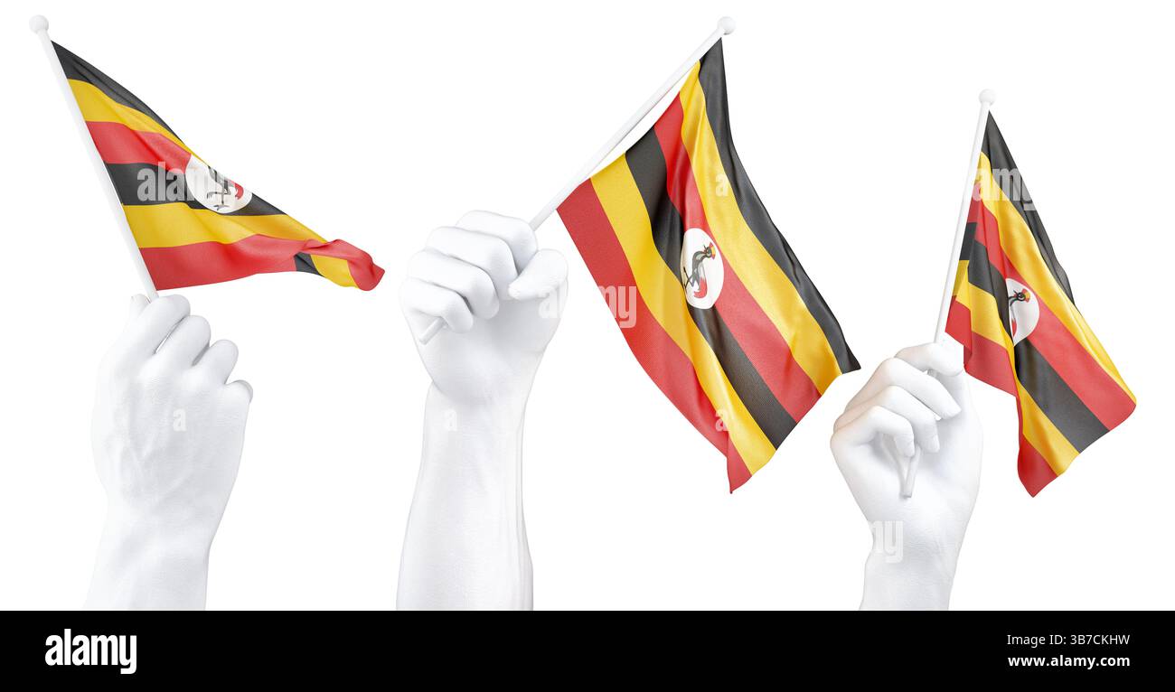 Mano che regge la bandiera dell'Uganda. Rendering 3d isolato. Foto Stock