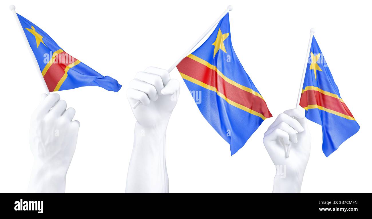 Mano che detiene la bandiera della Repubblica democratica del Congo. Rendering 3d isolato. Foto Stock