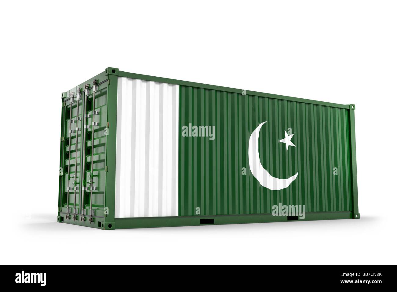 Container cargo verde con bandiera pakistana che rappresenta il commercio internazionale, il trasporto, l'importazione e l'esportazione di merci dal Pakistan. Rendering 3D. Foto Stock