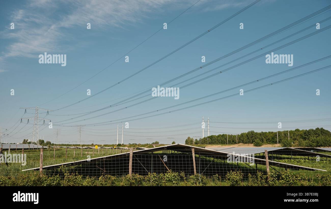 3 maggio 2025 - Yerseke-Paesi Bassi: La transizione energetica olandese è visibile qui con parchi solari circondati da vecchie e nuove linee ad alta tensione e. Foto Stock