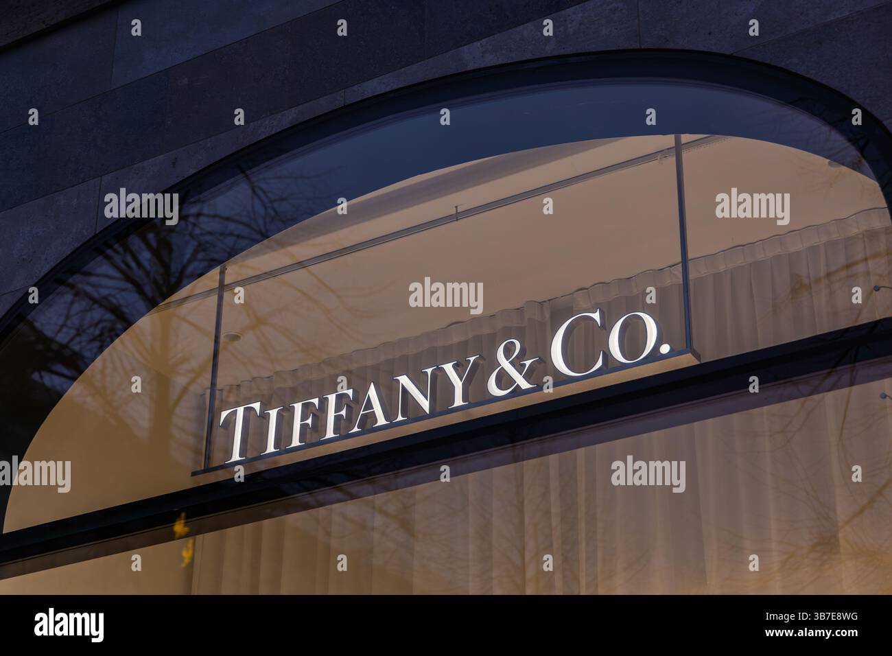 Elegante vetrata di Tiffany & Co. Con logo illuminato, rami d'albero riflessi e illuminazione interna soffusa, catturata di sera Foto Stock