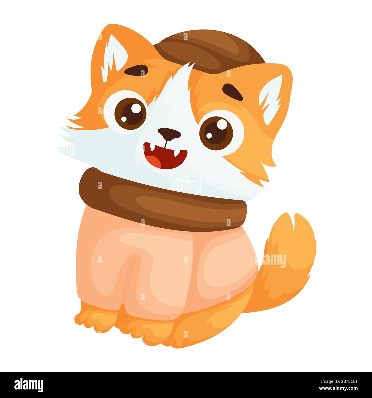 Carino gatto arancione con un comodo vestito con cappello e sciarpa, che si siede felicemente su uno sfondo bianco. Perfetto per i progetti. Adorabile Cartoon Cat i Illustrazione Vettoriale